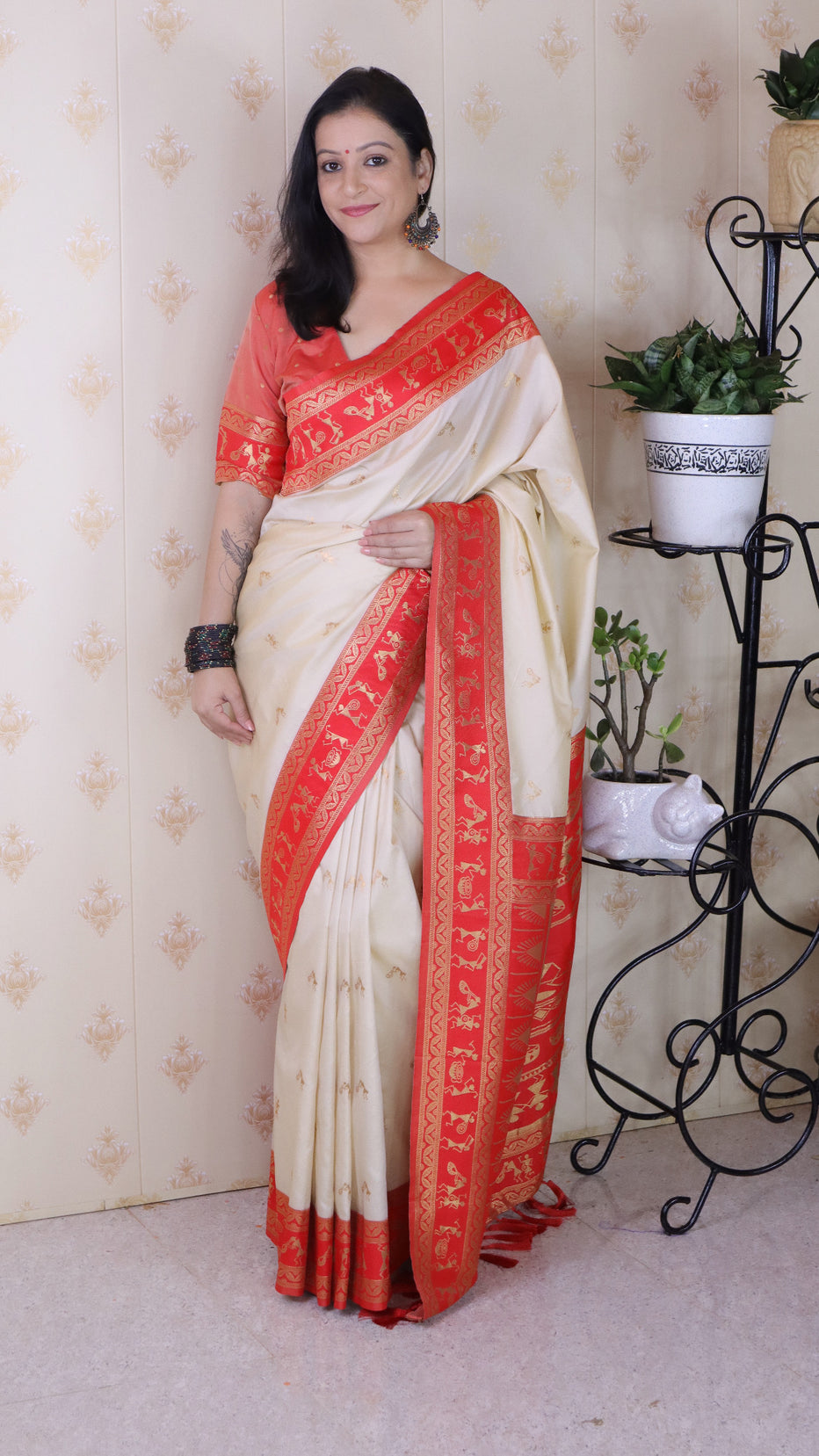 Cream Soft Silk Zari Woven Warli Art Soft Silk Saree Banarasi Saree Anant Tex Exports Pvt.Ltd..