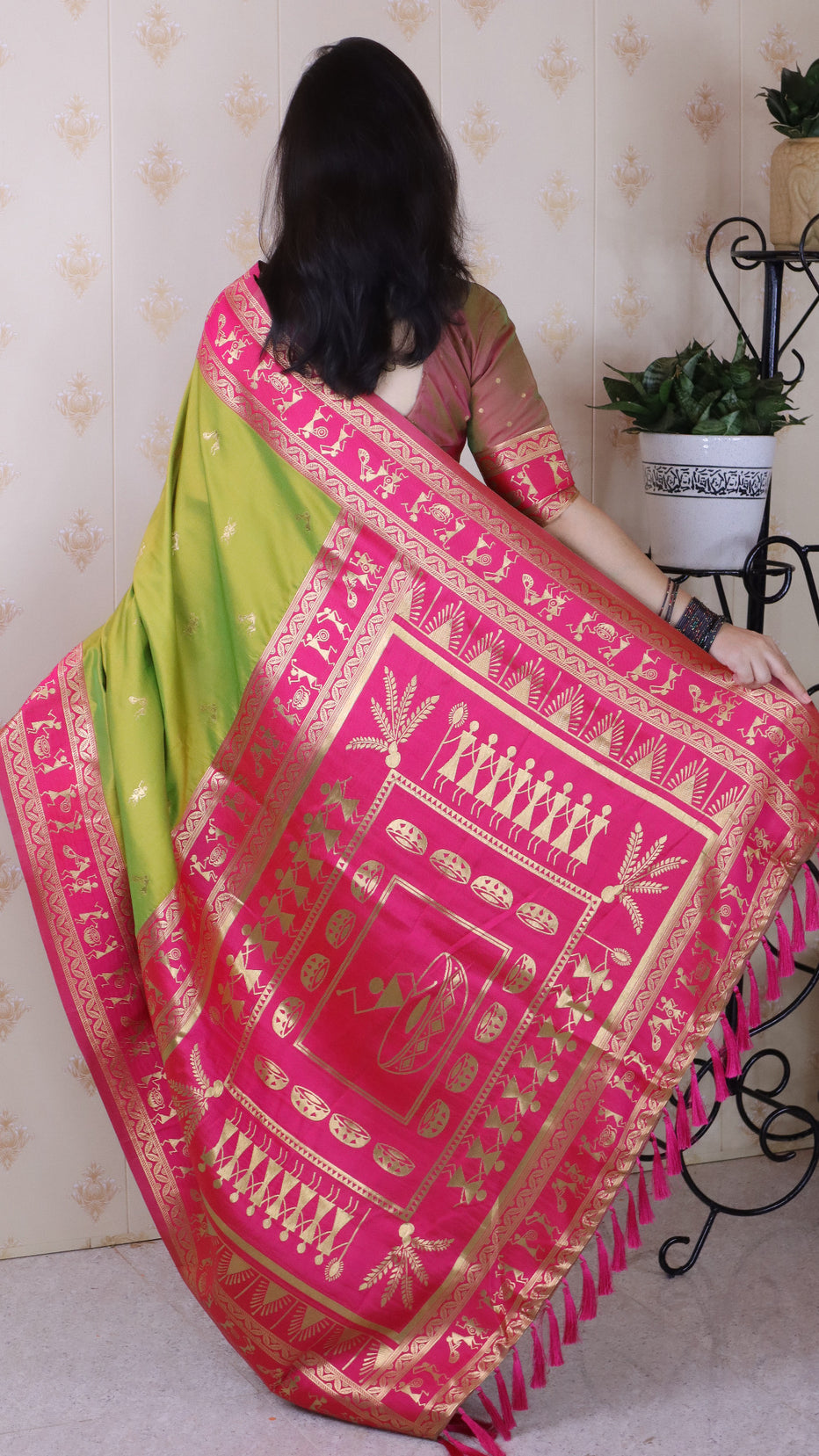 Mehendi Soft Silk Zari Woven Warli Art Soft Silk Saree