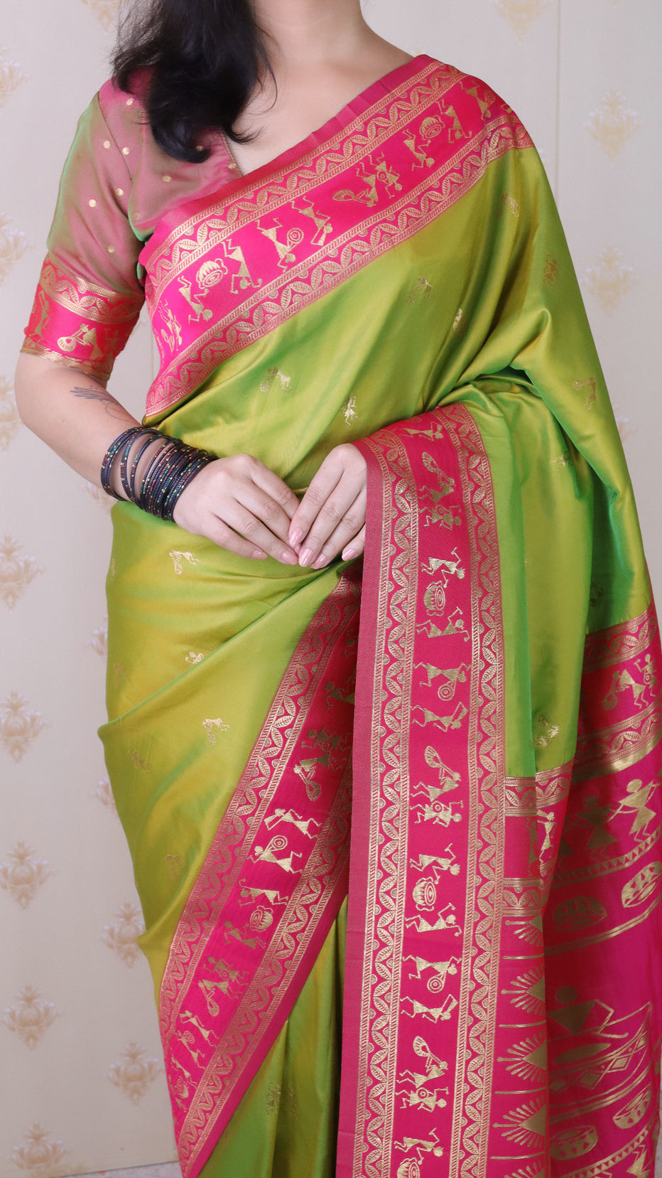 Mehendi Soft Silk Zari Woven Warli Art Soft Silk Saree