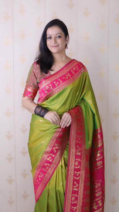 Mehendi Soft Silk Zari Woven Warli Art Soft Silk Saree Banarasi Saree Anant Tex Exports Pvt.Ltd..