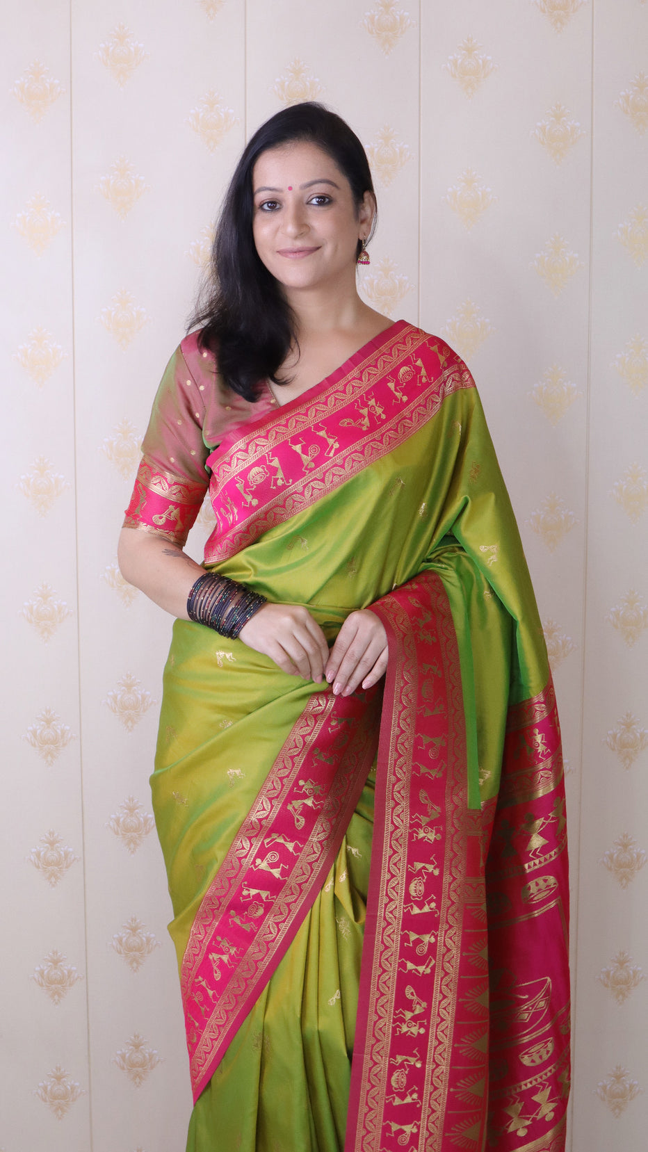 Mehendi Soft Silk Zari Woven Warli Art Soft Silk Saree