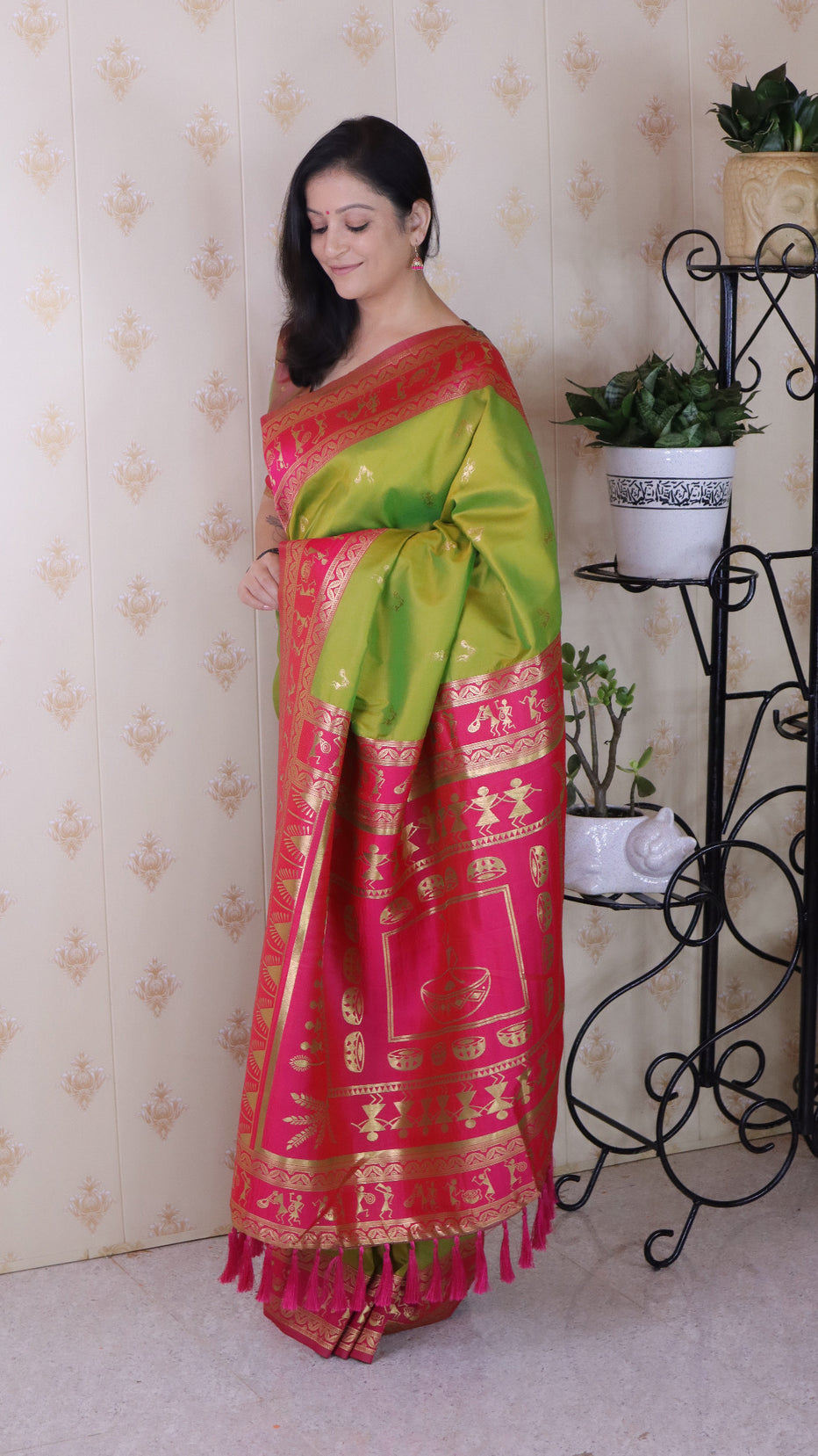 Mehendi Soft Silk Zari Woven Warli Art Soft Silk Saree