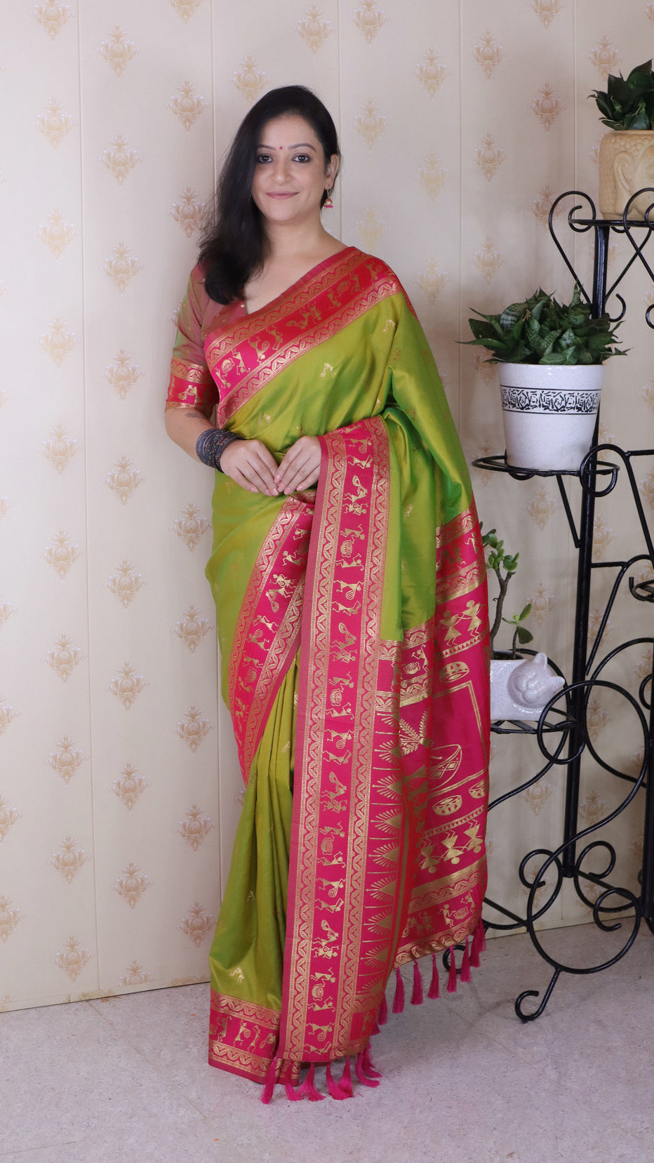 Mehendi Soft Silk Zari Woven Warli Art Soft Silk Saree
