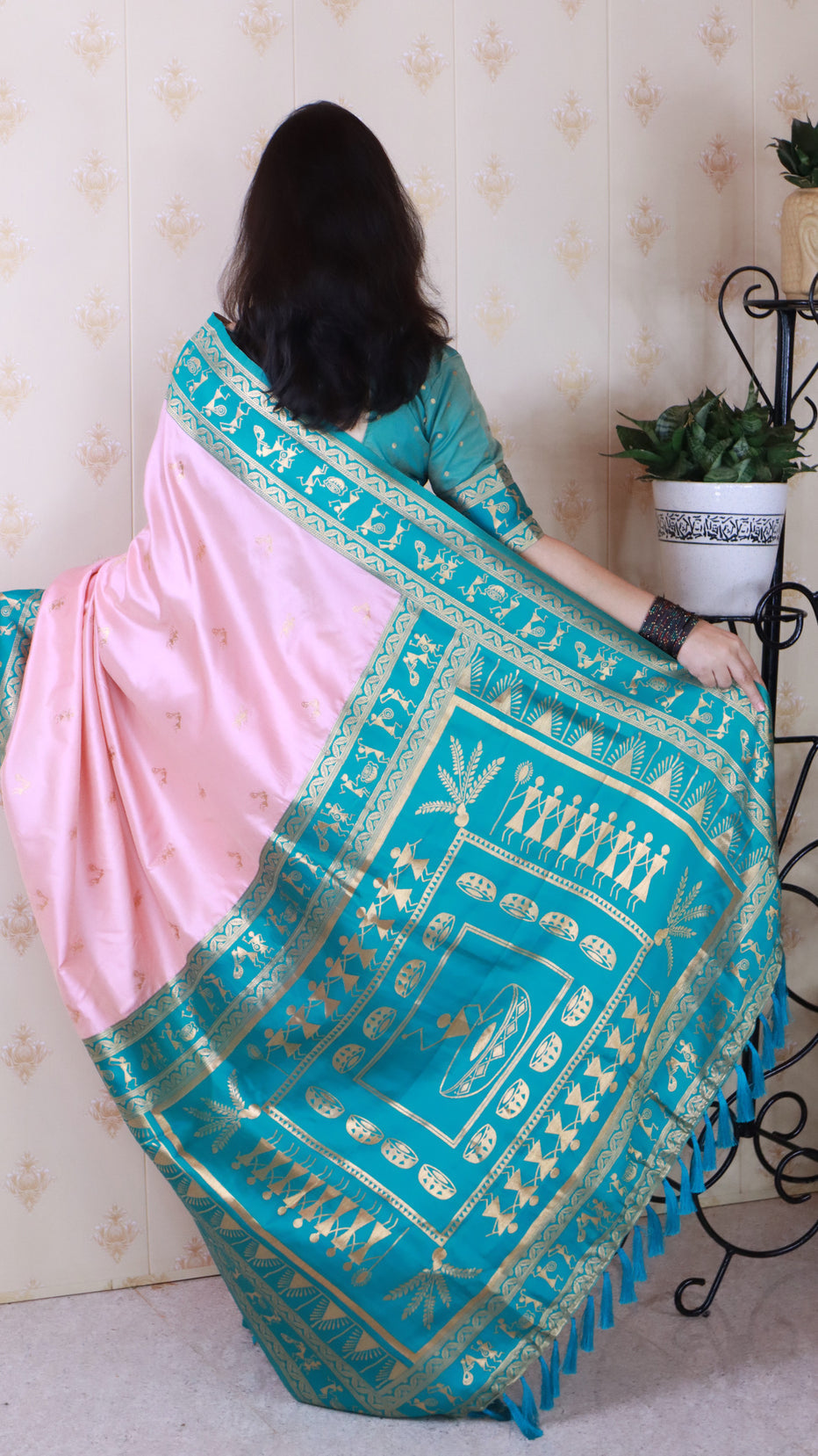 Baby Pink Soft Silk Zari Woven Warli Art Soft Silk Saree Banarasi Saree Anant Tex Exports Pvt.Ltd..