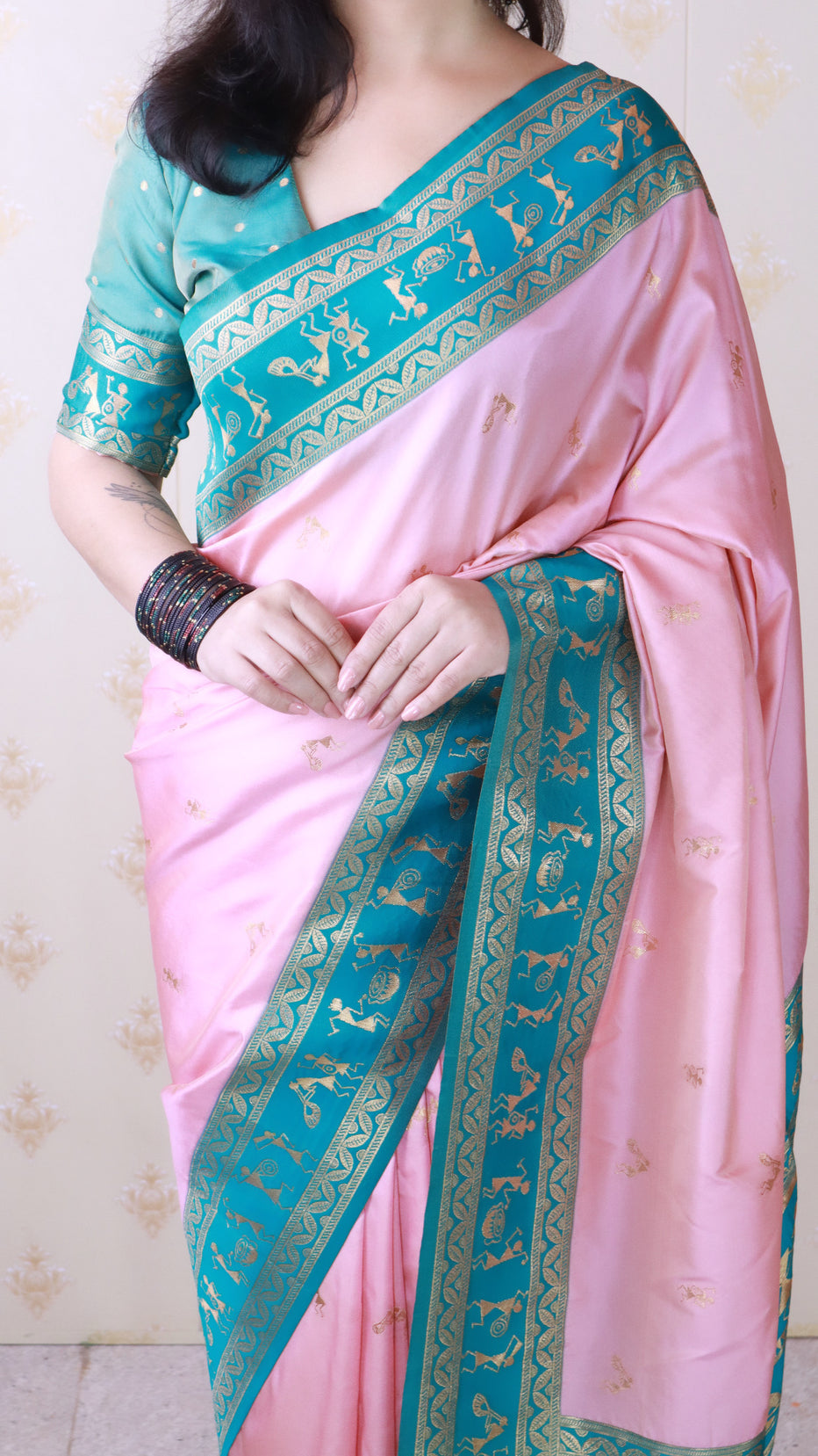 Baby Pink Soft Silk Zari Woven Warli Art Soft Silk Saree Banarasi Saree Anant Tex Exports Pvt.Ltd..