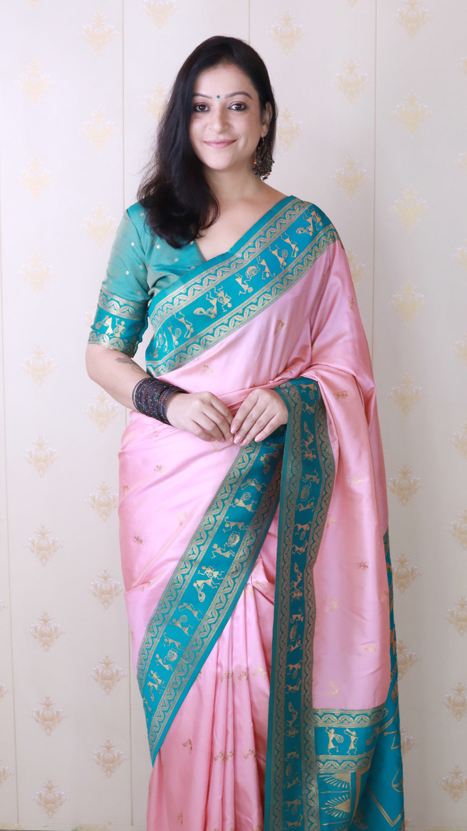 Baby Pink Soft Silk Zari Woven Warli Art Soft Silk Saree