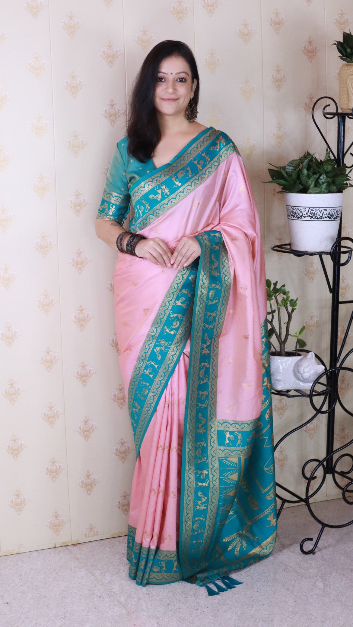 Baby Pink Soft Silk Zari Woven Warli Art Soft Silk Saree