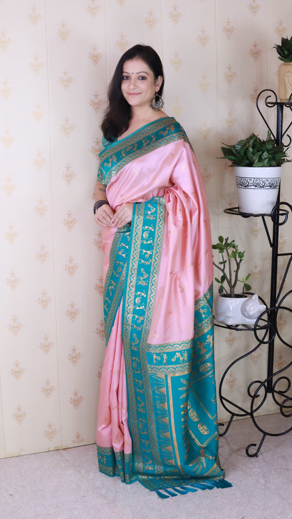 Baby Pink Soft Silk Zari Woven Warli Art Soft Silk Saree