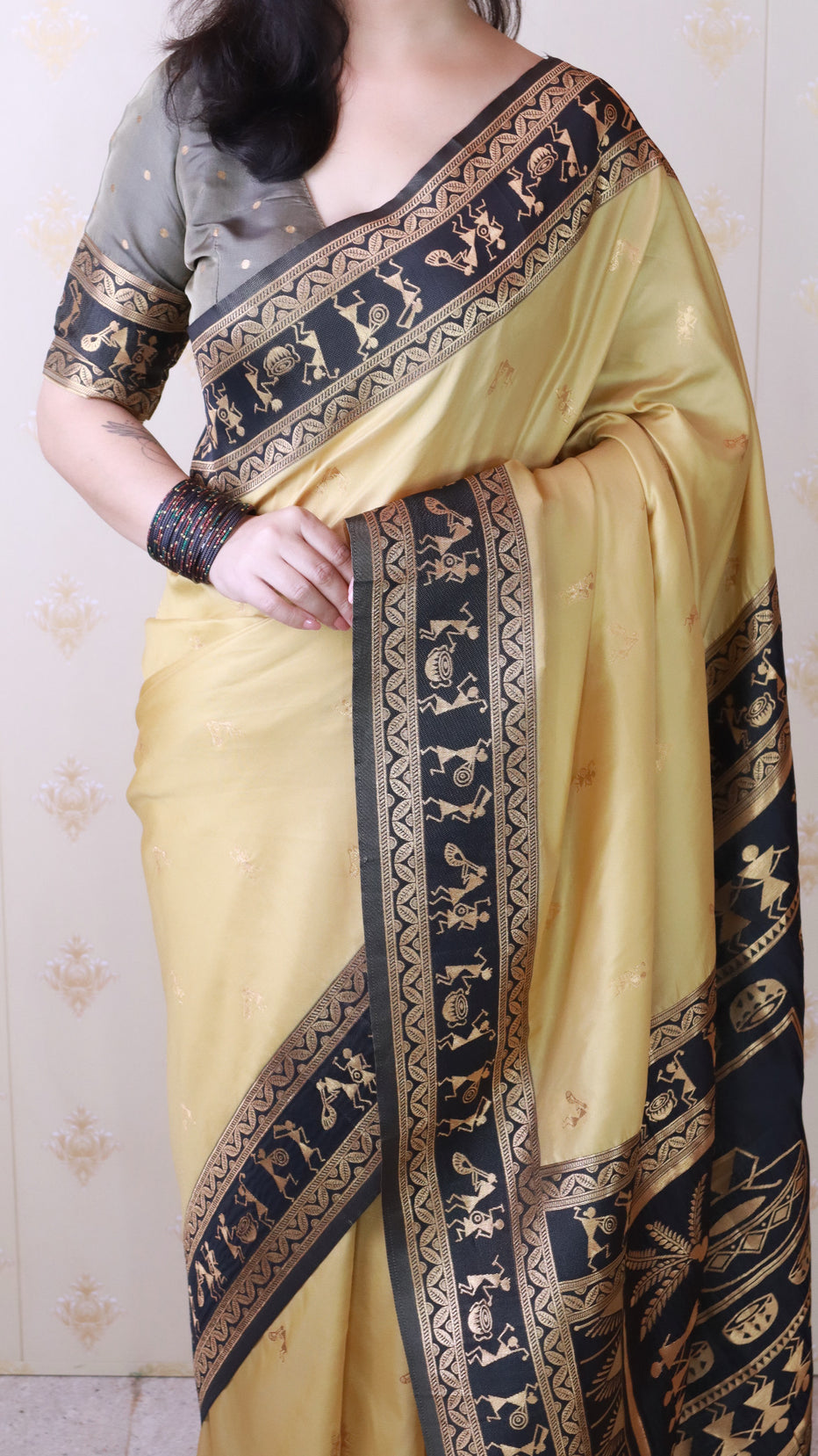 Chickoo Soft Silk Zari Woven Warli Art Soft Silk Saree Banarasi Saree Anant Tex Exports Pvt.Ltd..