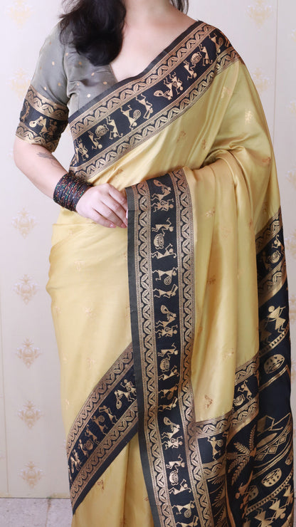 Chickoo Soft Silk Zari Woven Warli Art Soft Silk Saree Banarasi Saree Anant Tex Exports Pvt.Ltd..
