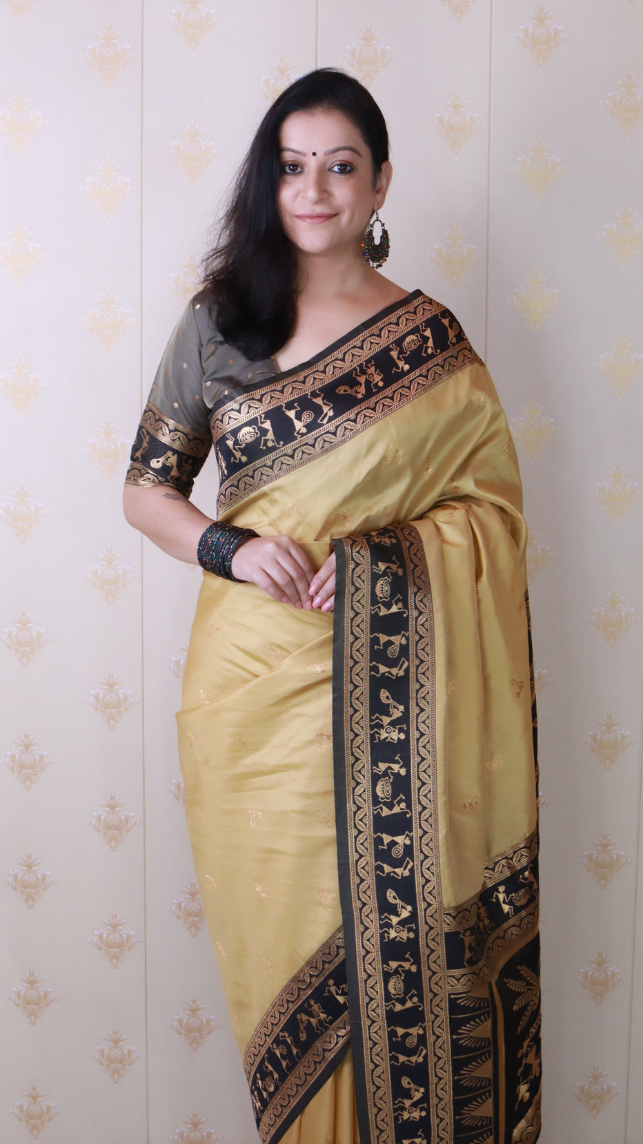 Chickoo Soft Silk Zari Woven Warli Art Soft Silk Saree Banarasi Saree Anant Tex Exports Pvt.Ltd..