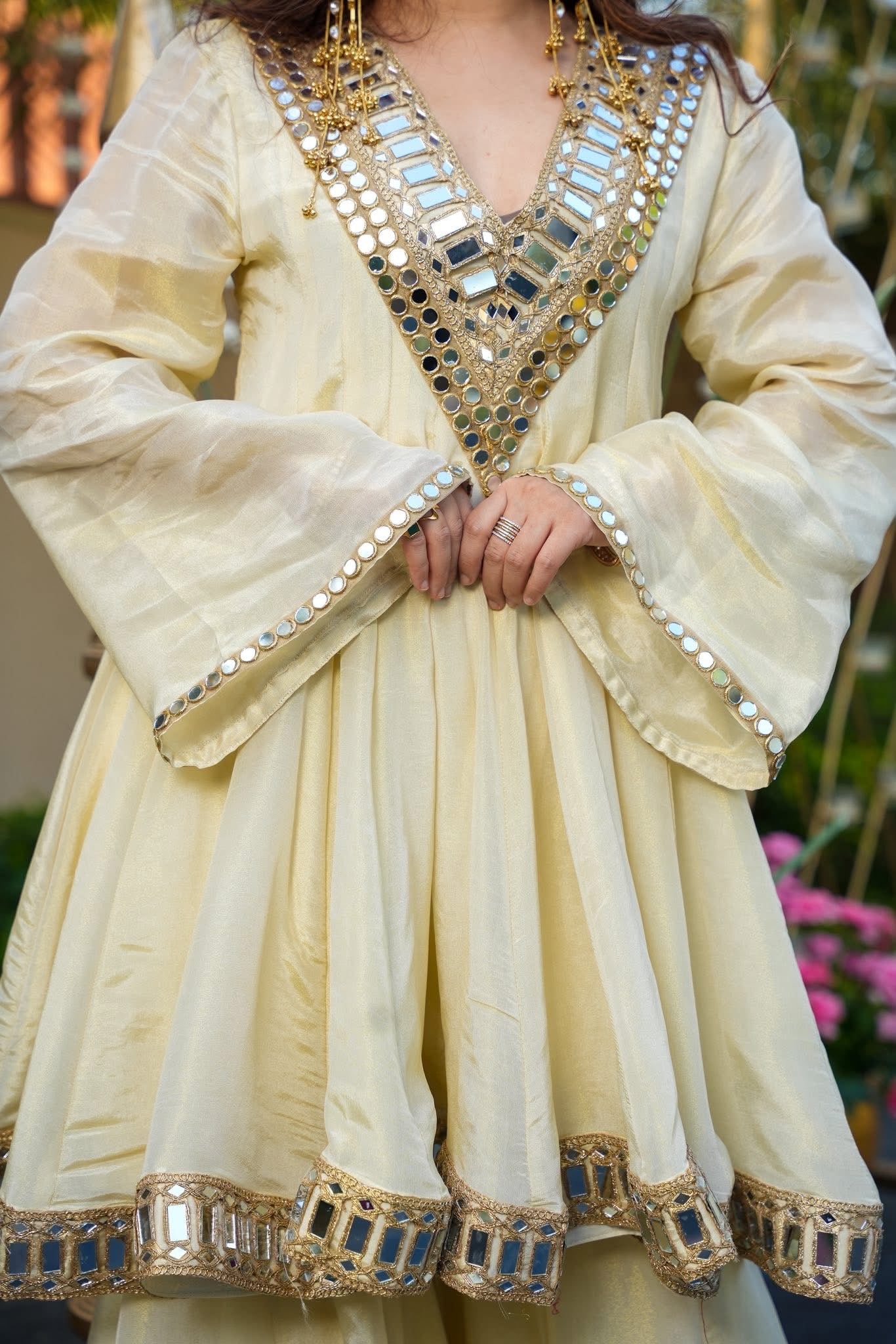 Ivory Color Heavy Mirror Embellished Anarkali With Sharara &amp; Dupatta