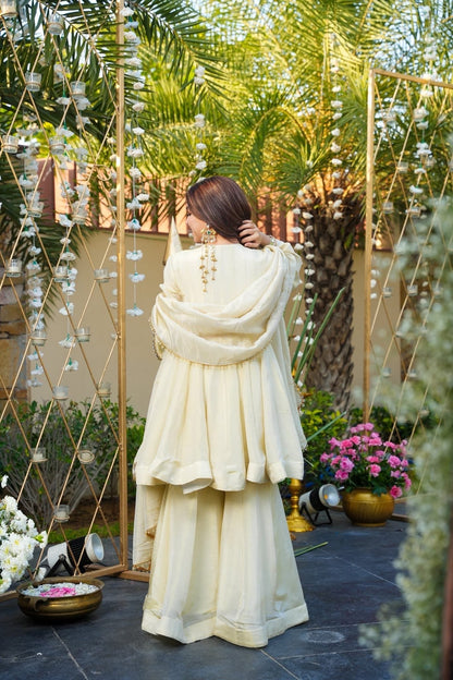 Ivory Color Heavy Mirror Embellished Anarkali With Sharara &amp; Dupatta