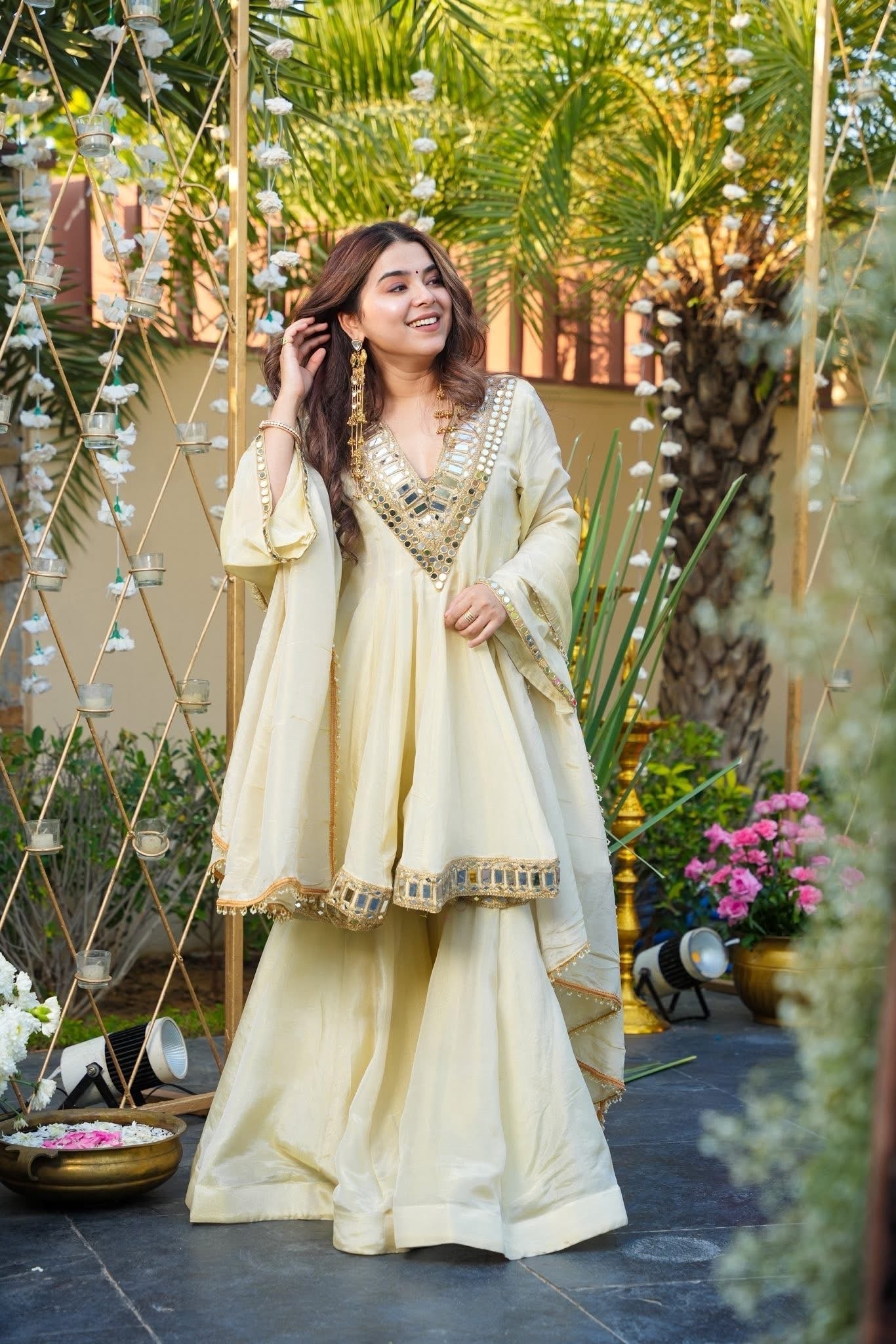 Ivory Color Heavy Mirror Embellished Anarkali With Sharara &amp; Dupatta