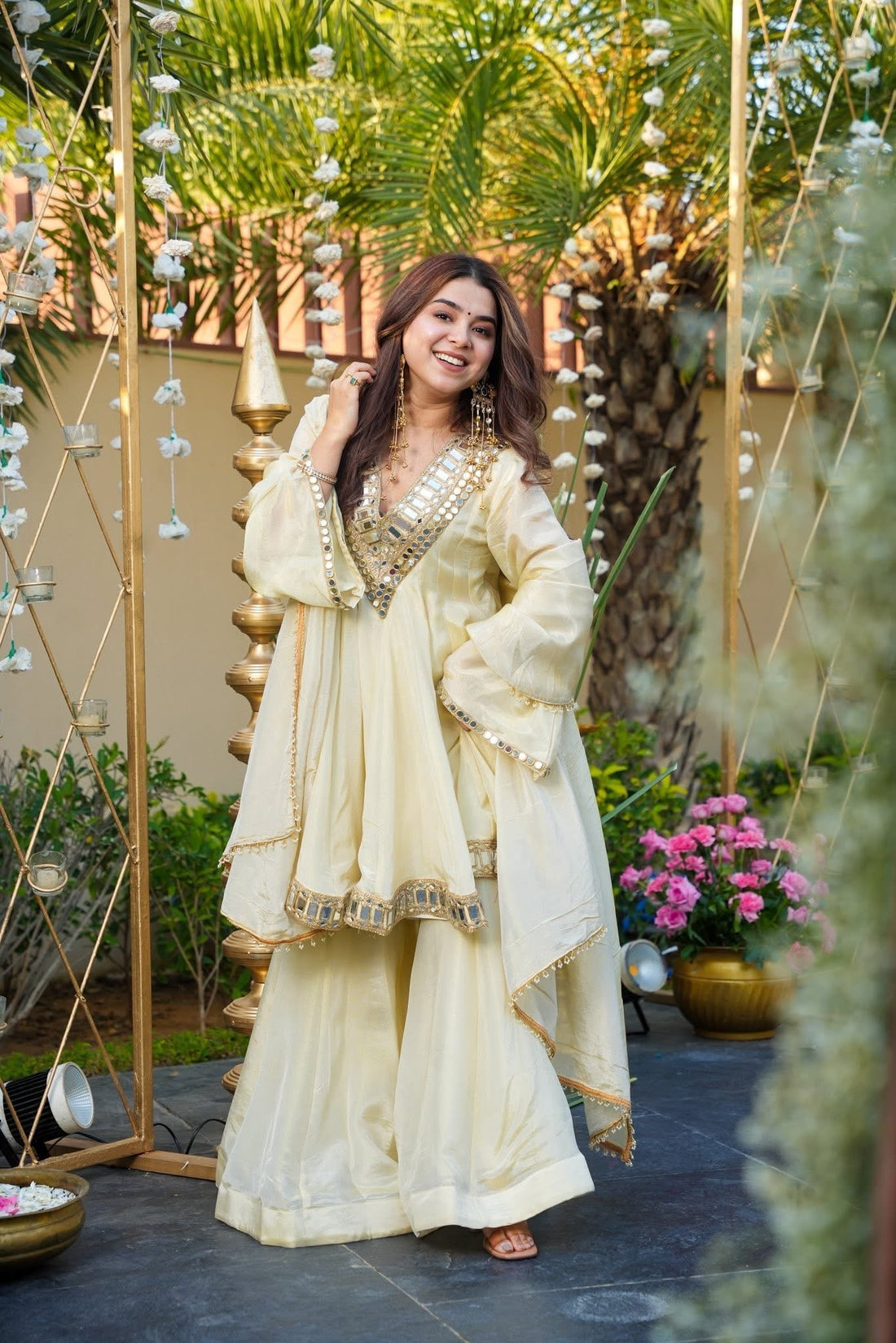 Ivory Color Heavy Mirror Embellished Anarkali With Sharara &amp; Dupatta