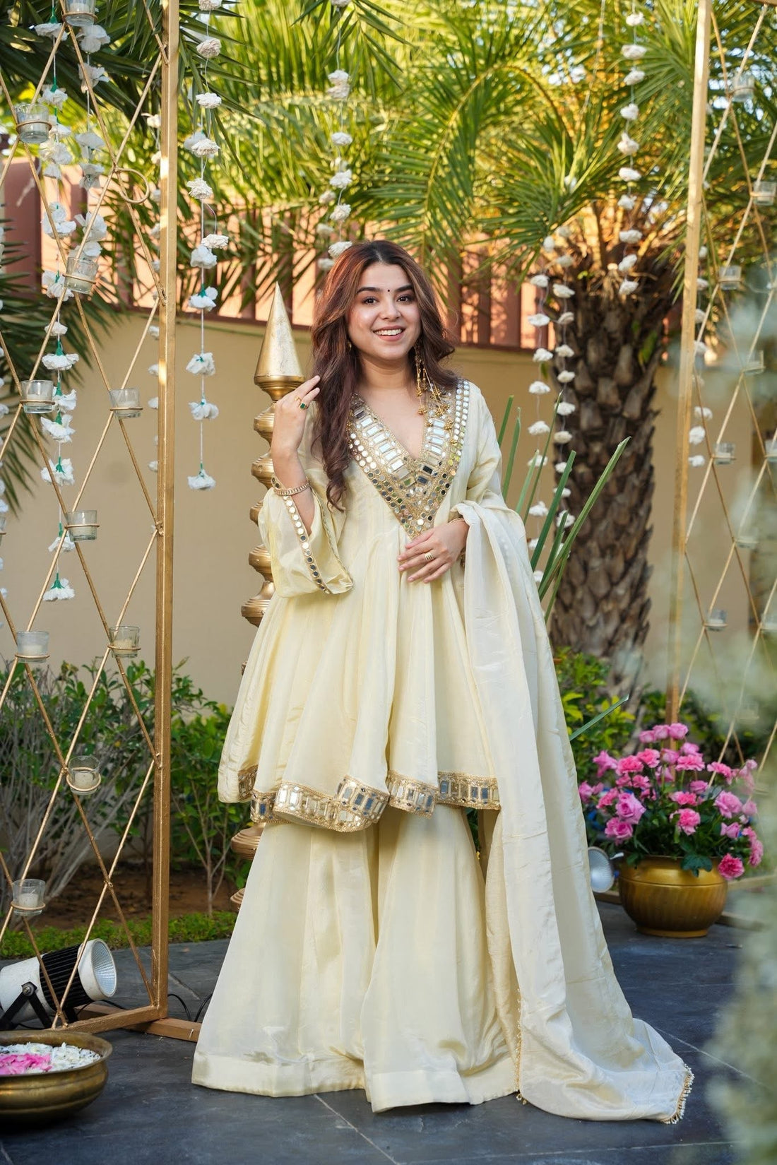 Ivory Color Heavy Mirror Embellished Anarkali With Sharara &amp; Dupatta