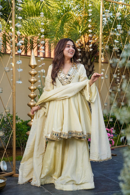 Ivory Color Heavy Mirror Embellished Anarkali With Sharara &amp; Dupatta