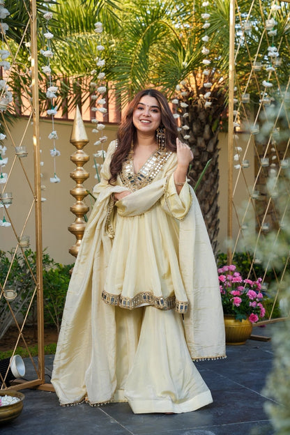 Ivory Color Heavy Mirror Embellished Anarkali With Sharara &amp; Dupatta