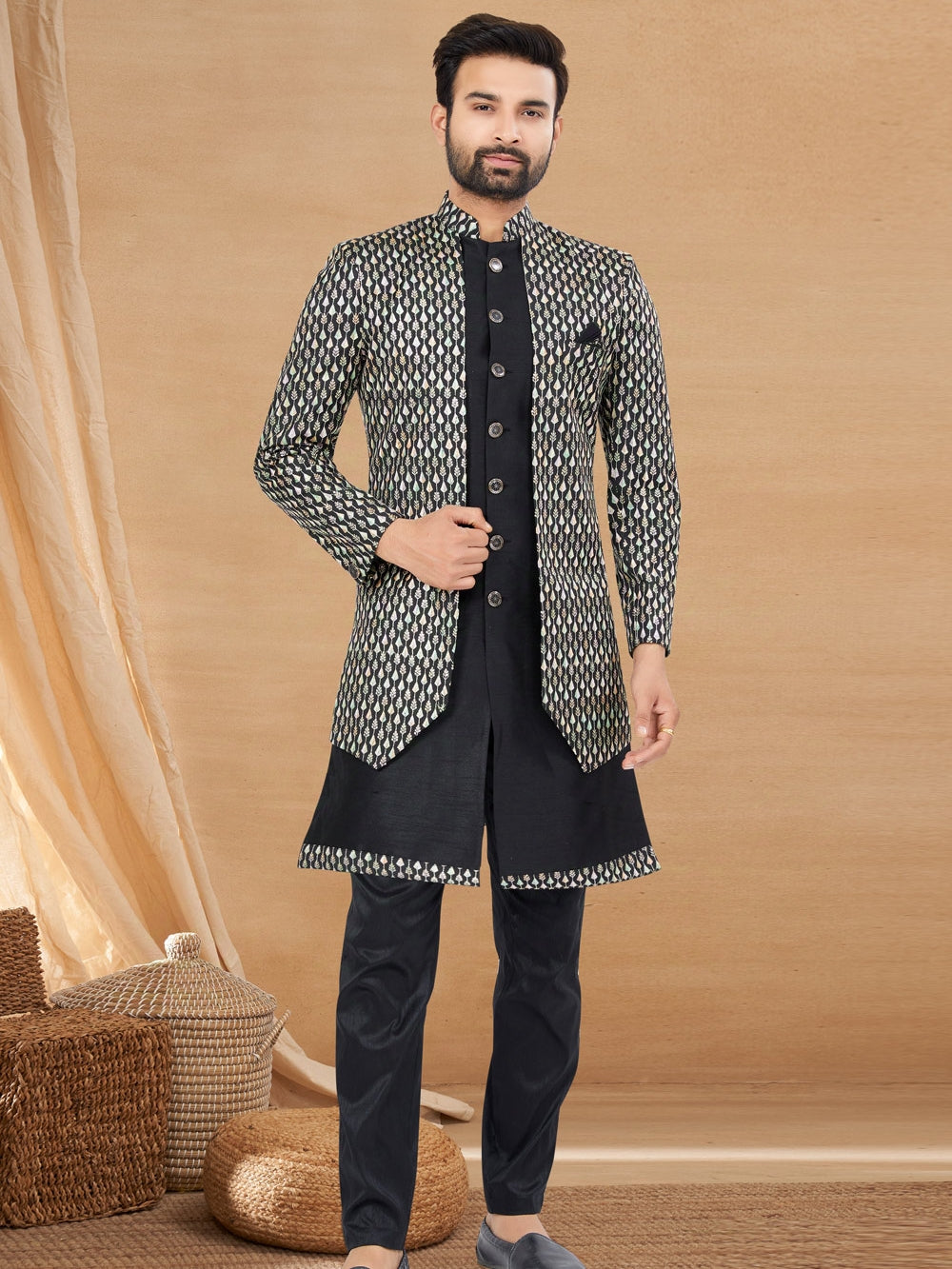 Grey Indo Western Jacket Kurta Set with Mirror and Thread Detailing