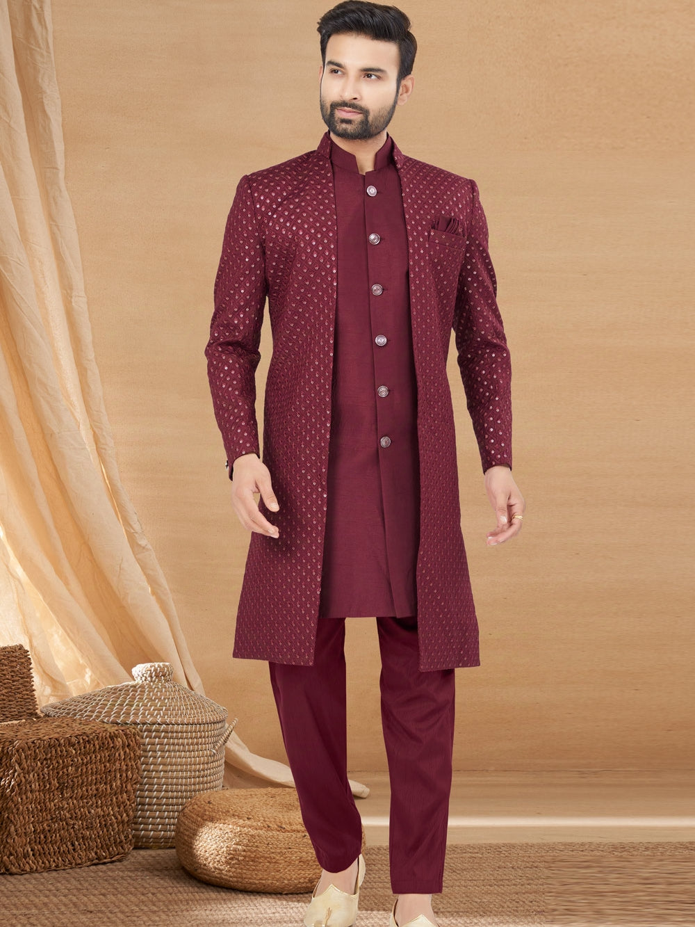 Maroon Indo Western Jacket Kurta Set with Royal Sequins Detailing