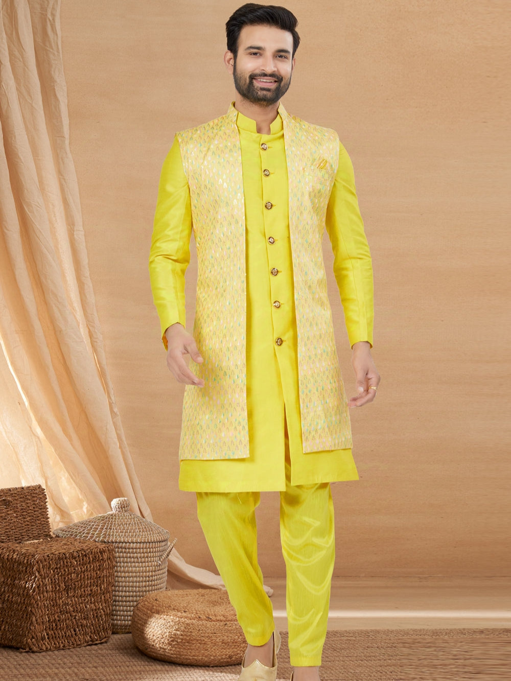 Yellow Indo Western Jacket Kurta Set with Mirror &amp; Sequins Work
