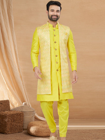 Yellow Indo Western Jacket Kurta Set with Mirror &amp; Sequins Work