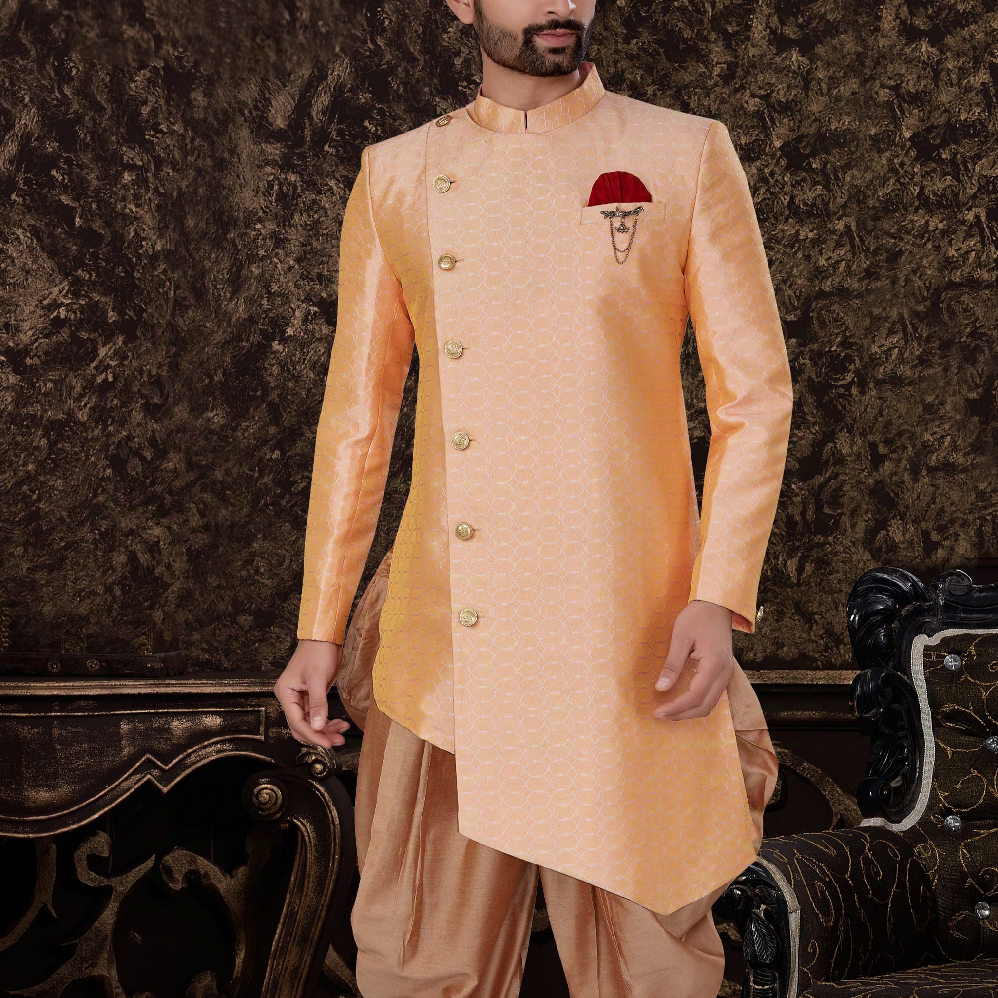 Beige Jacquard Silk Indo Western with Asymmetrical Design