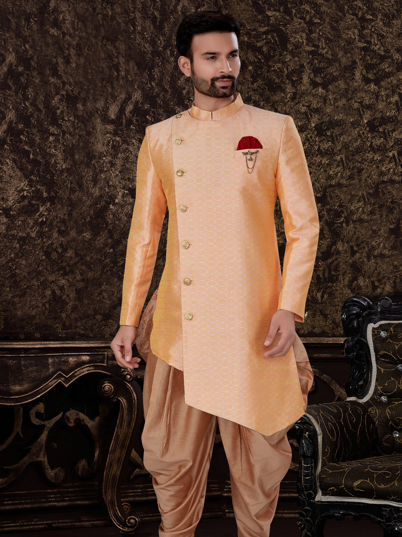 Beige Jacquard Silk Indo Western with Asymmetrical Design