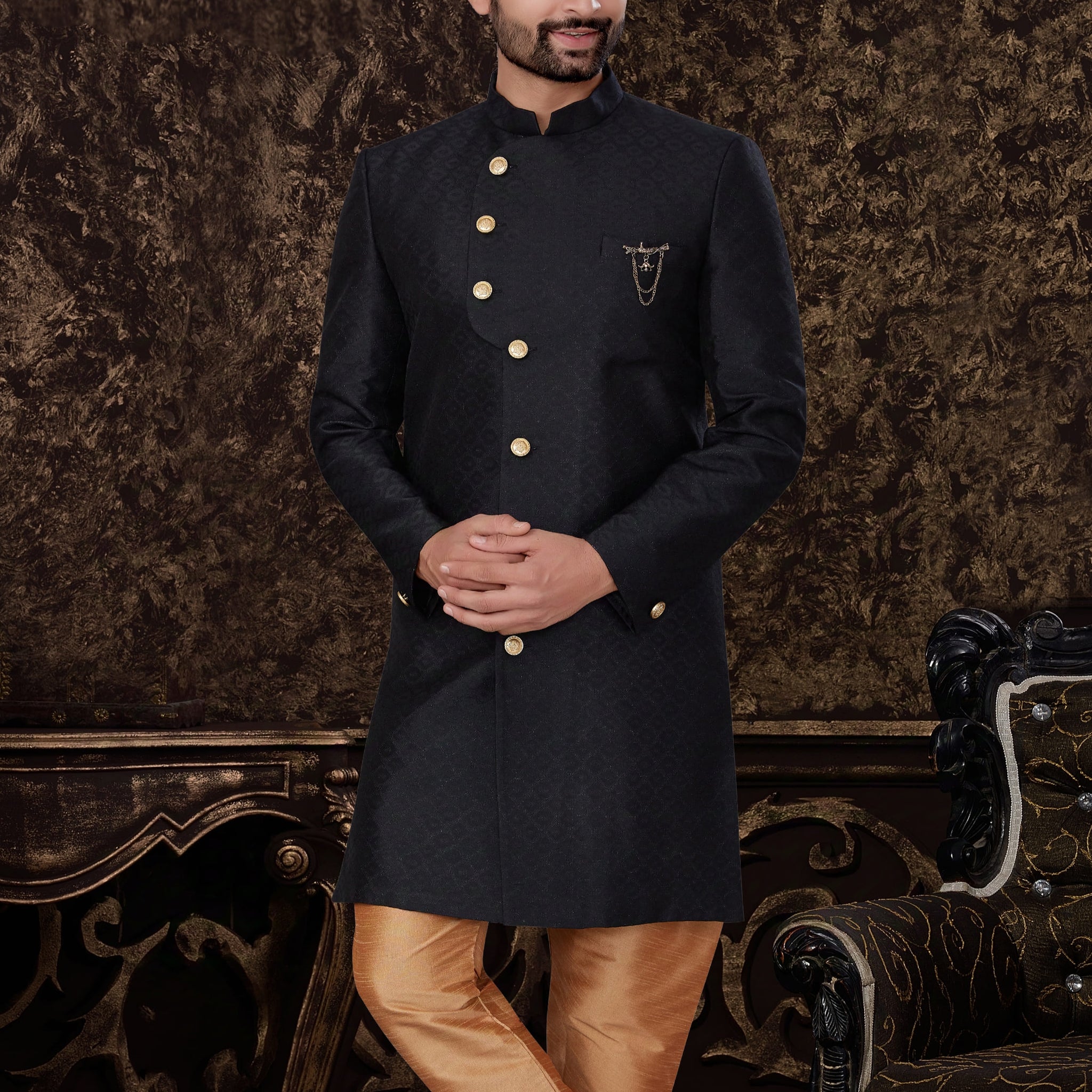 Black Jacquard Silk Indo Western with Self-Embossed Patterns