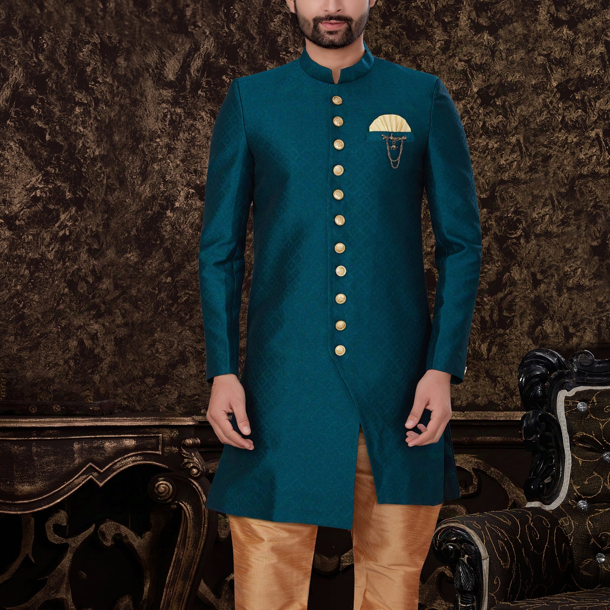 Teal Green Jacquard Silk Indo Western with Self-Embossed Patterns