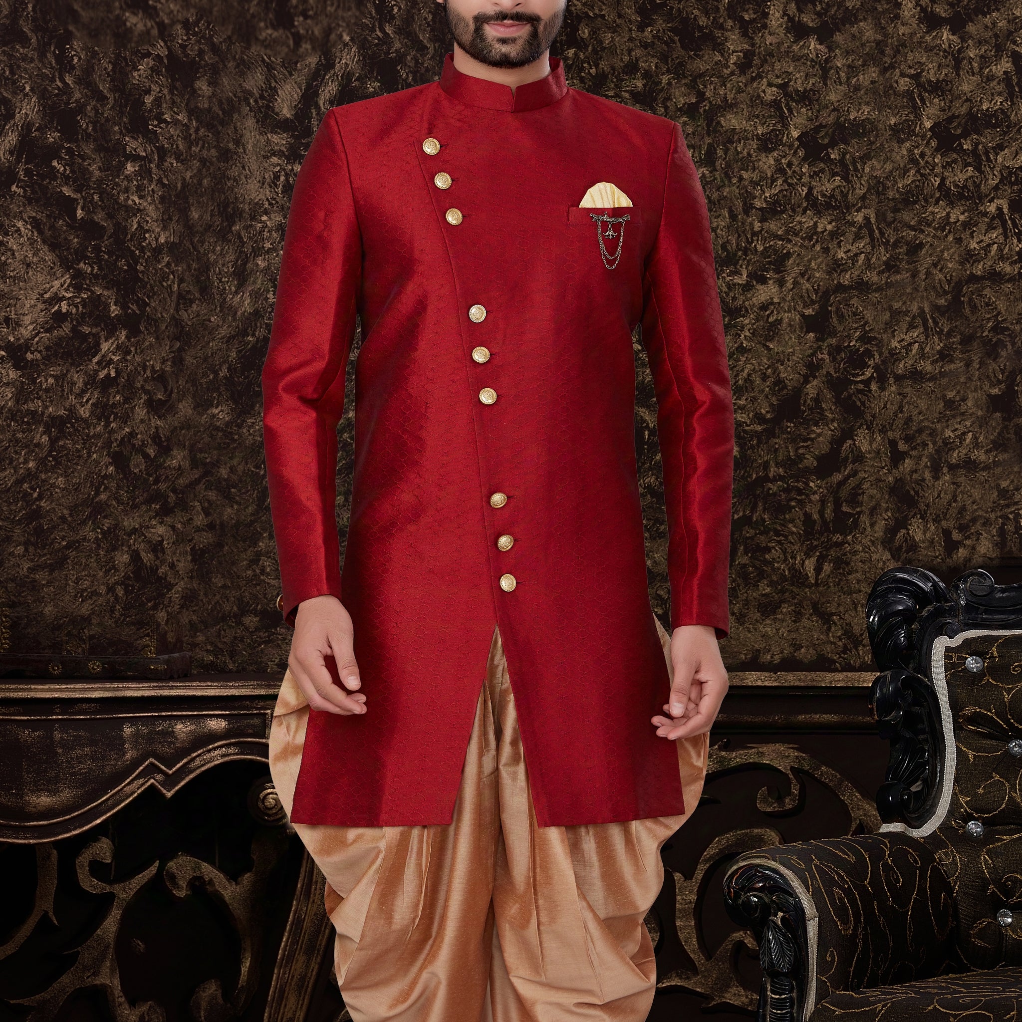 Red Jacquard Silk Indo Western with Self-Embossed Work & Gold Buttons