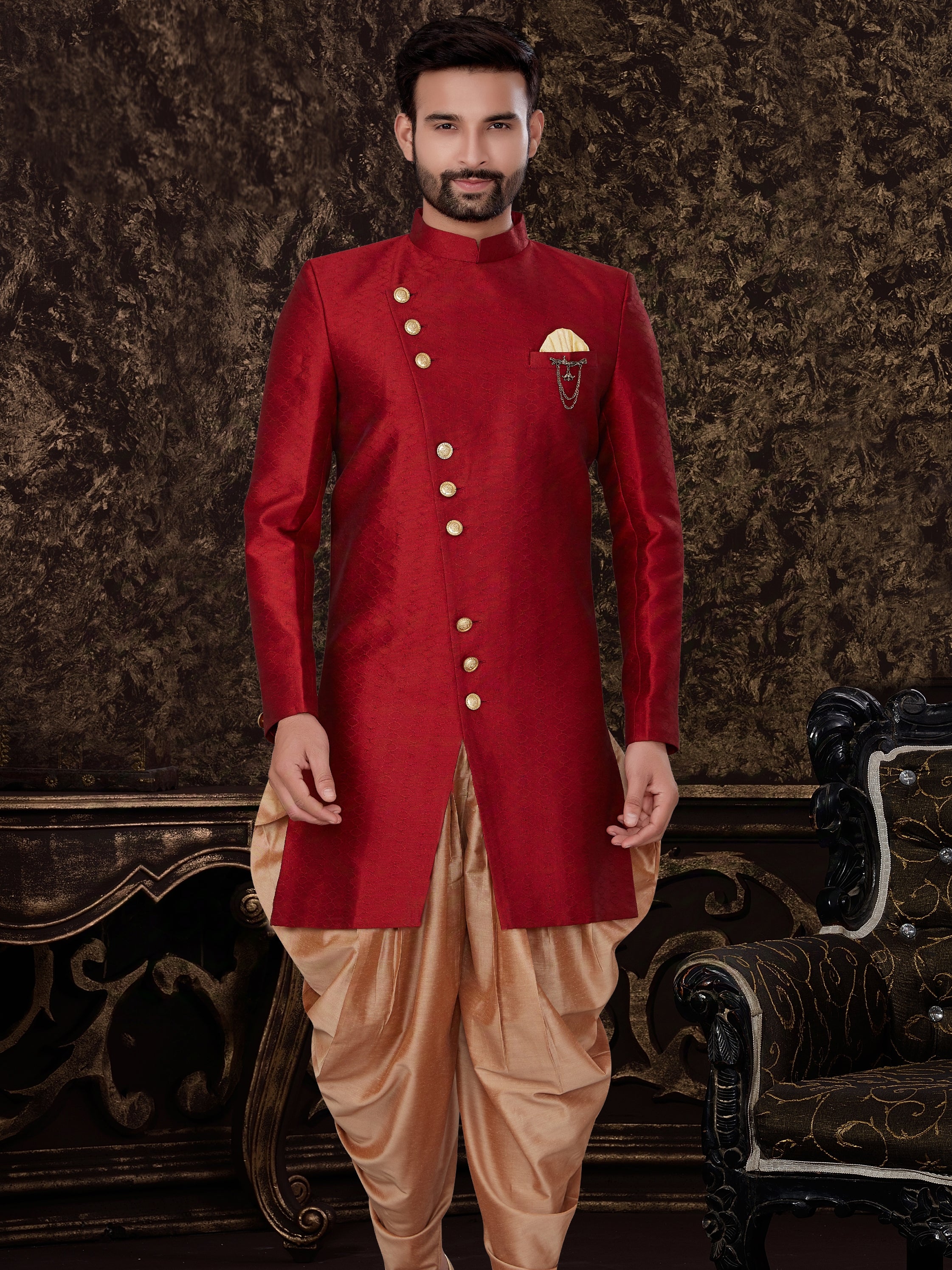 Red Jacquard Silk Indo Western with Self-Embossed Work &amp; Gold Buttons