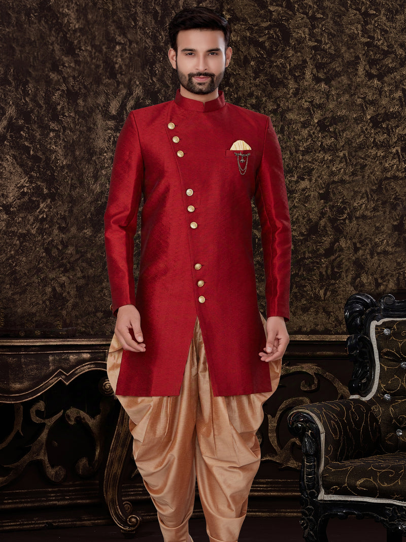 Red Jacquard Silk Indo Western with Self-Embossed Work & Gold Buttons