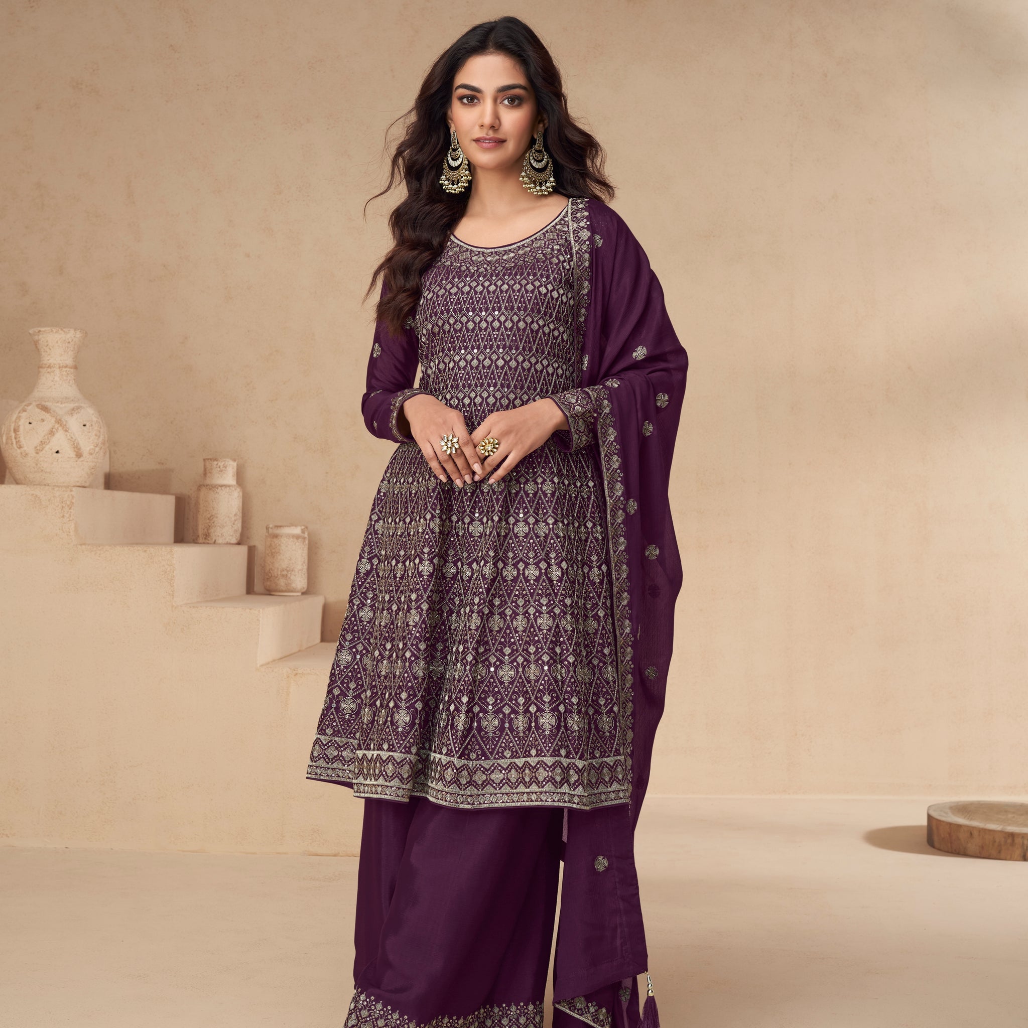 Purple Embroidered Chinnon Silk Palazzo Suit