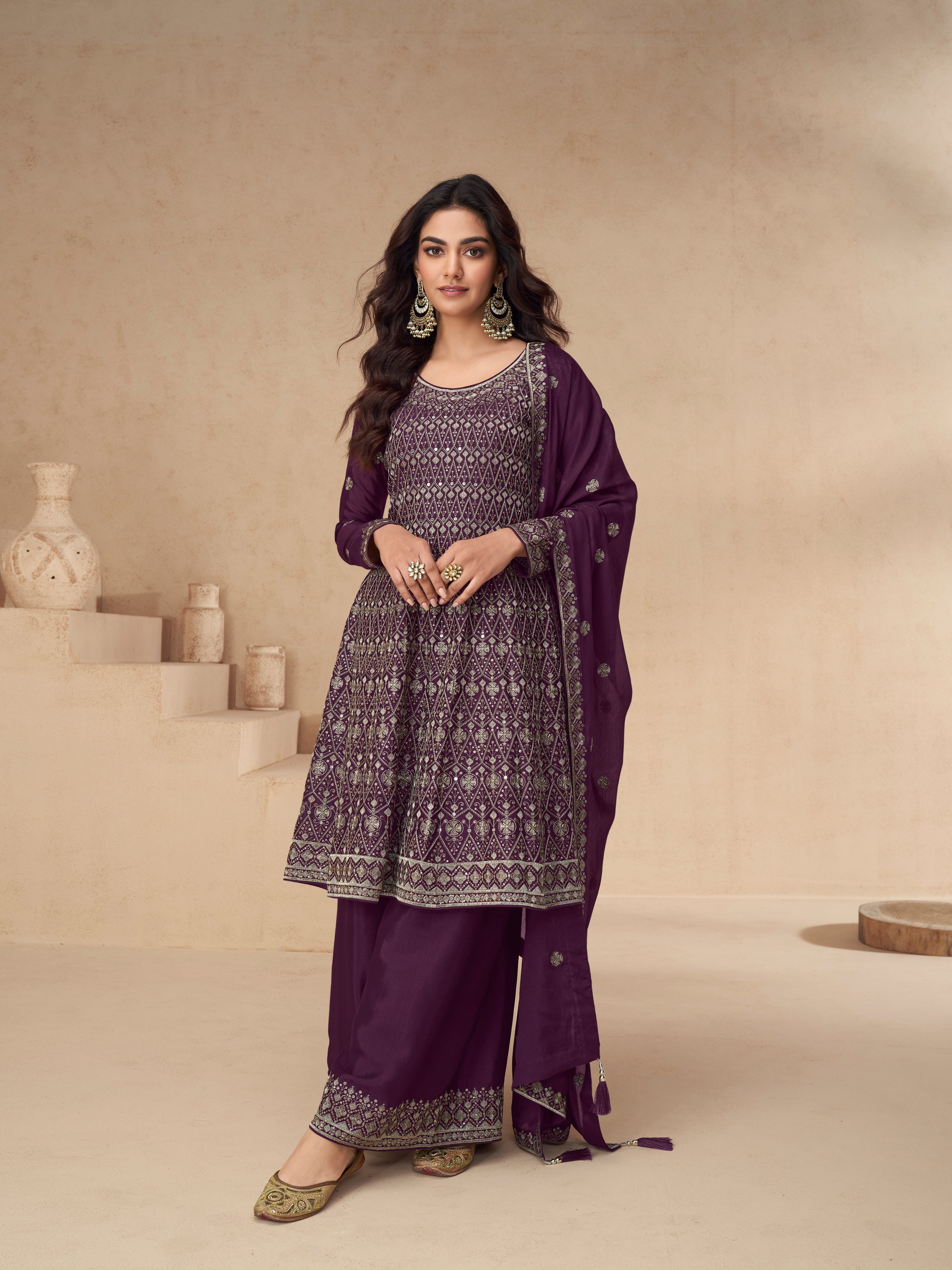 Purple Embroidered Chinnon Silk Palazzo Suit
