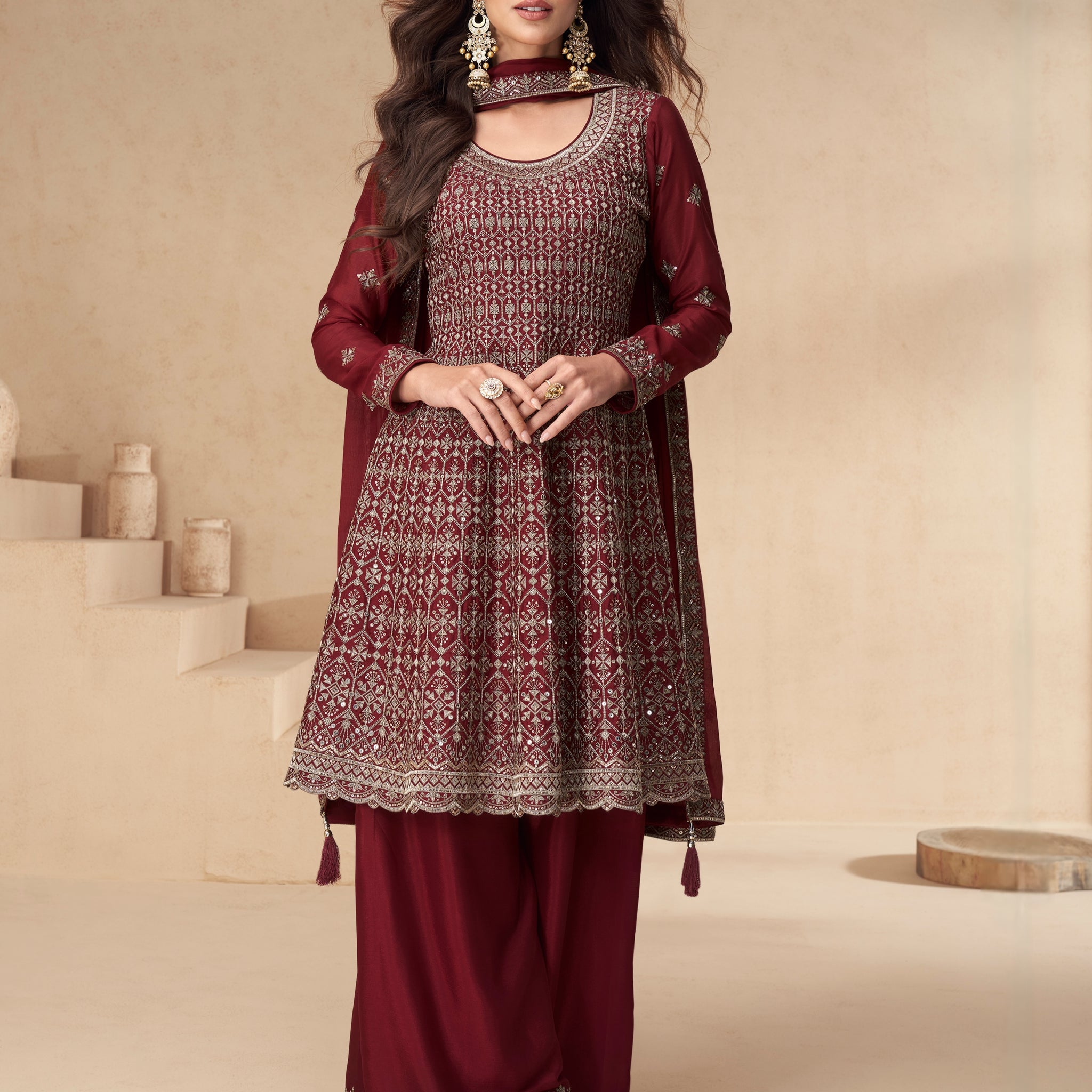 Maroon Embroidered Chinnon Silk Palazzo Suit