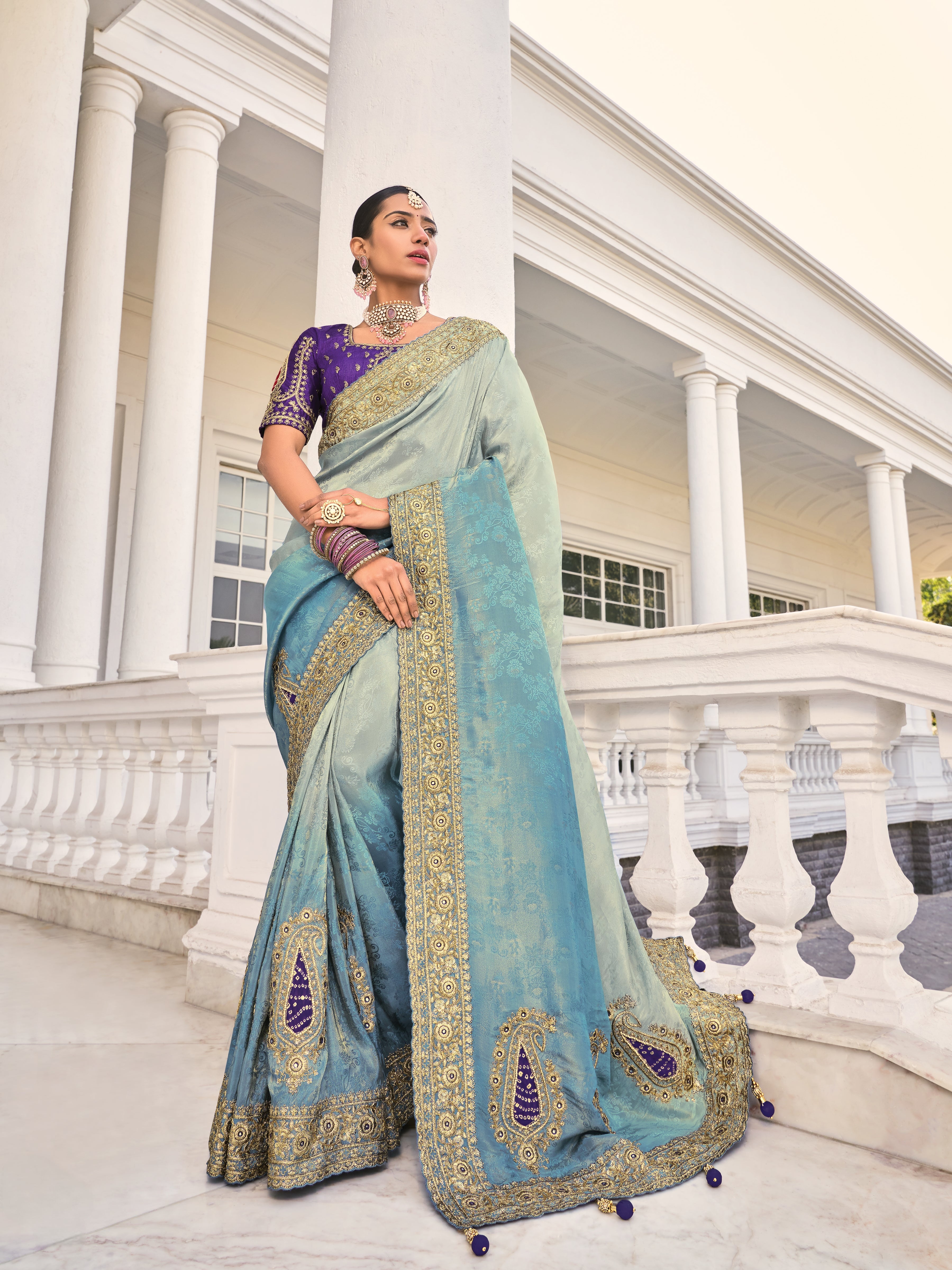 Blue Designer Saree with Heavy Embroidery & Sequin Work
