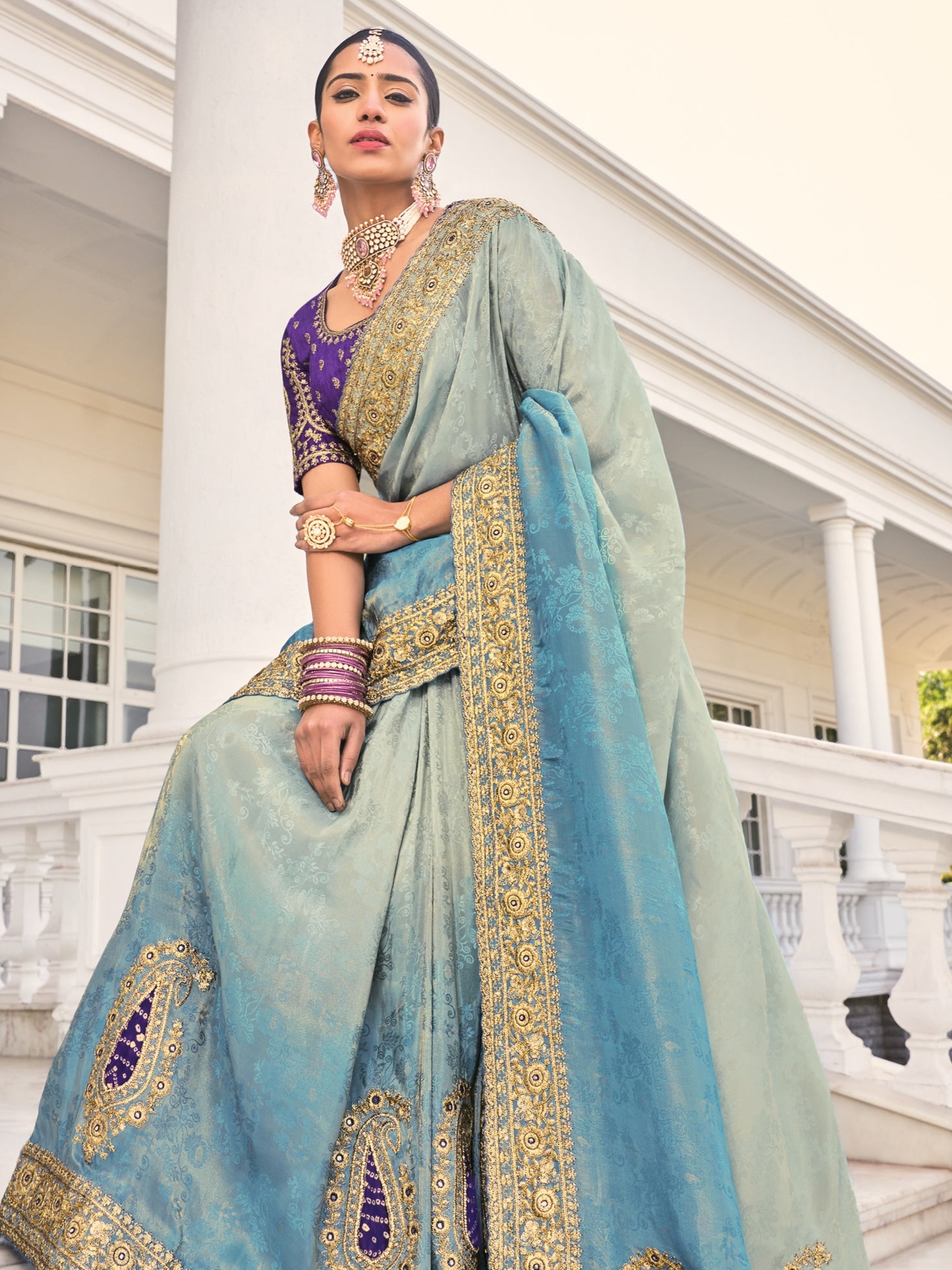 Blue Designer Saree with Heavy Embroidery &amp; Sequin Work