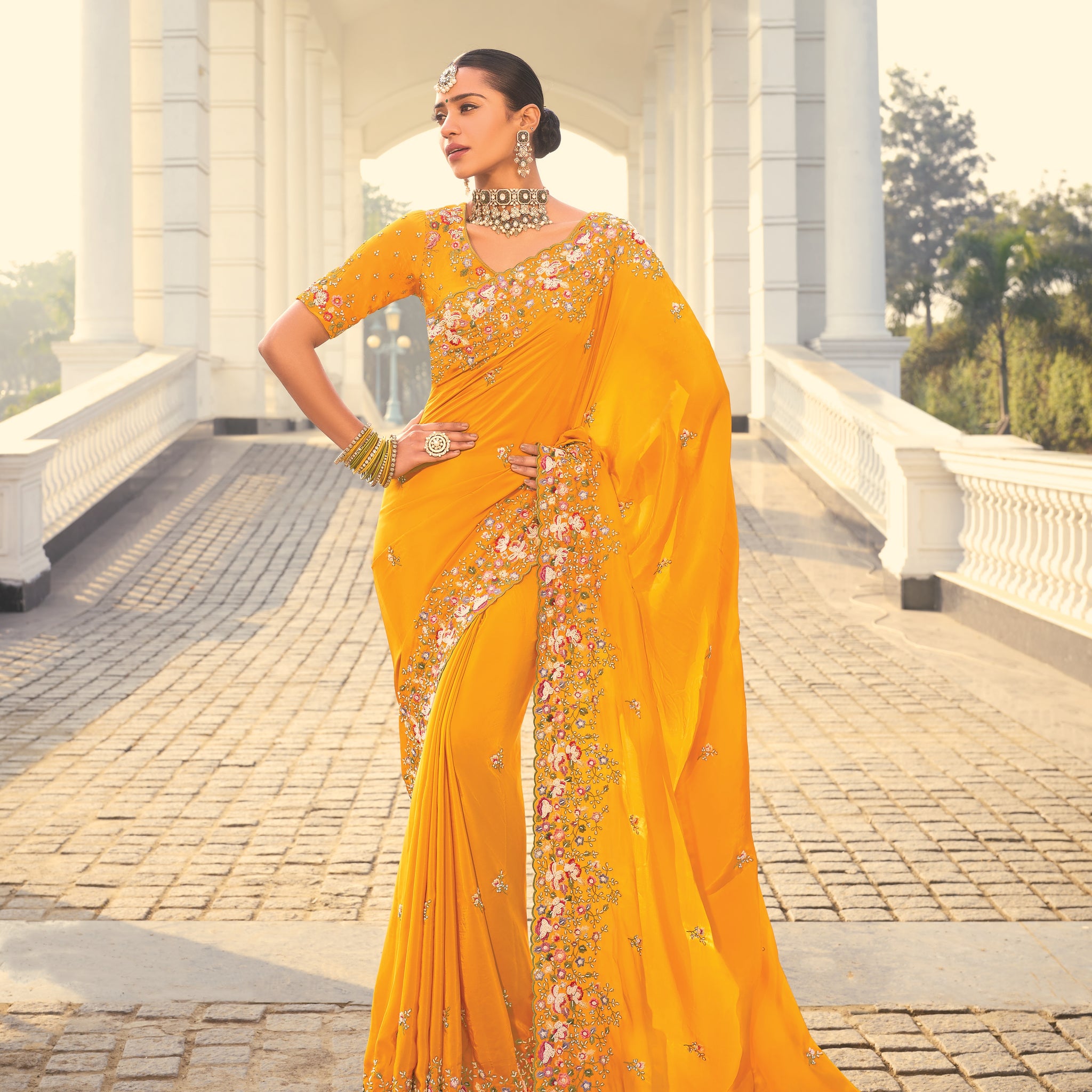 Mustard Yellow Designer Saree with Heavy Embroidery