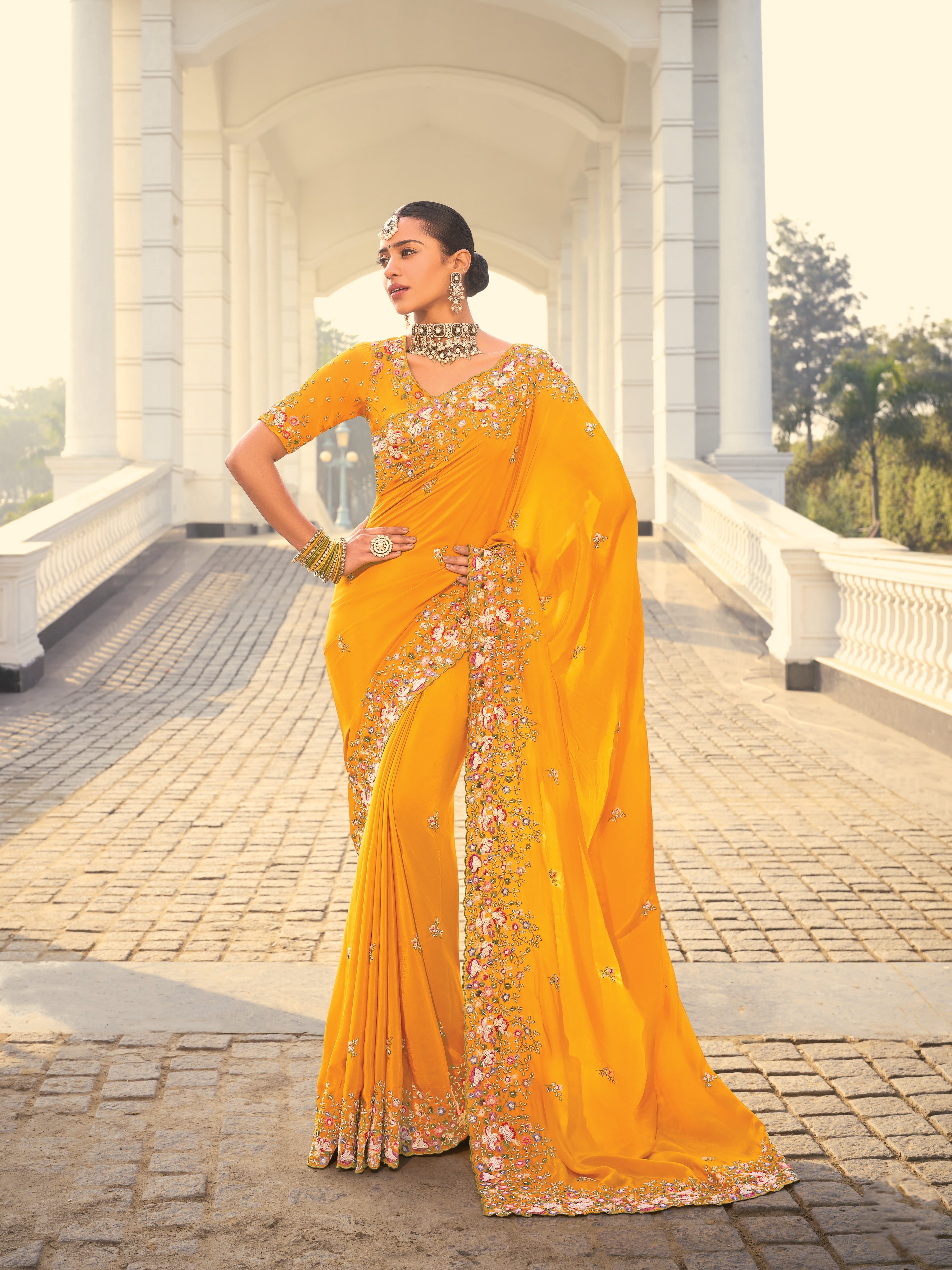 Mustard Yellow Designer Saree with Heavy Embroidery