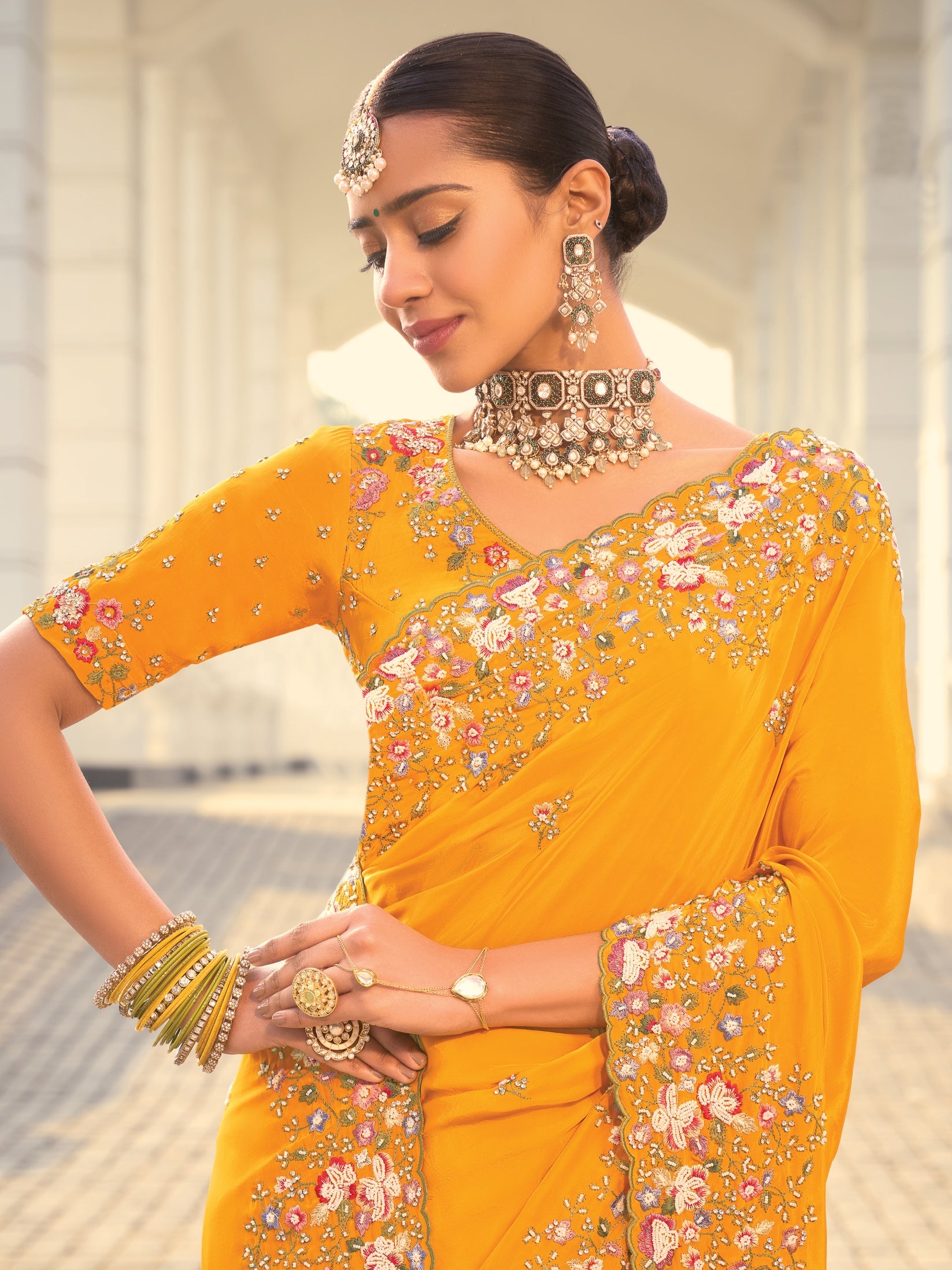 Mustard Yellow Designer Saree with Heavy Embroidery