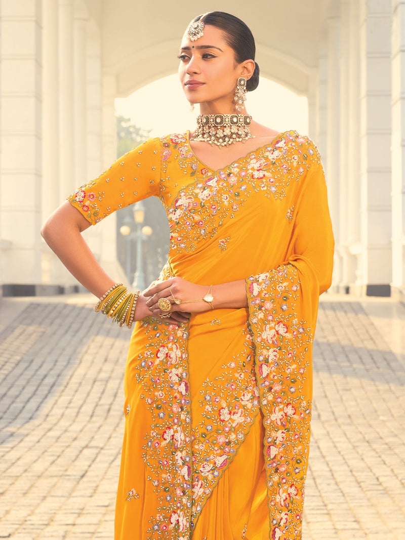 Mustard Yellow Designer Saree with Heavy Embroidery
