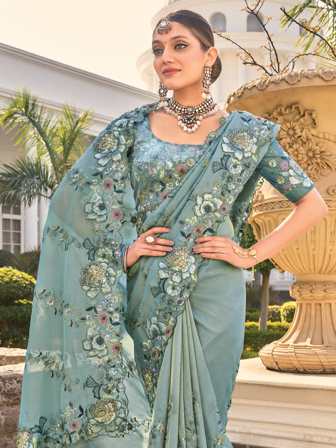 Teal Embroidered Designer Saree with Sequins &amp; Zari Work