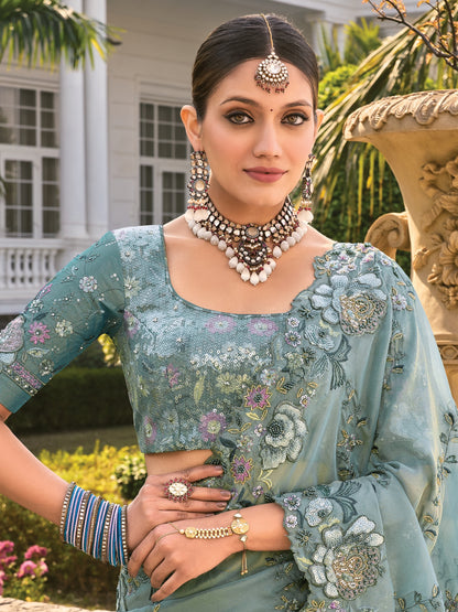 Teal Embroidered Designer Saree with Sequins &amp; Zari Work