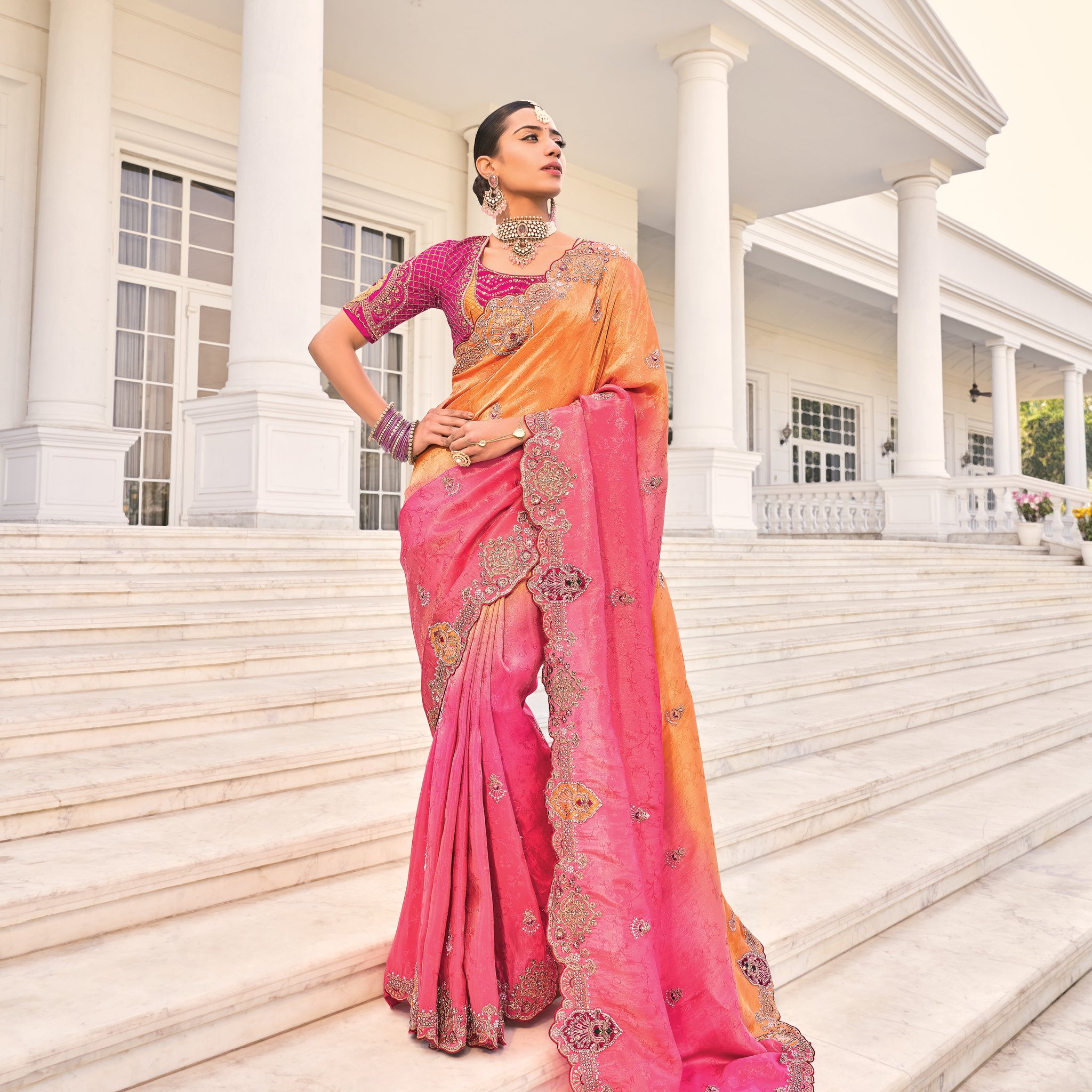 Orange & Rani Pink Natural Crape Jaquard Saree
