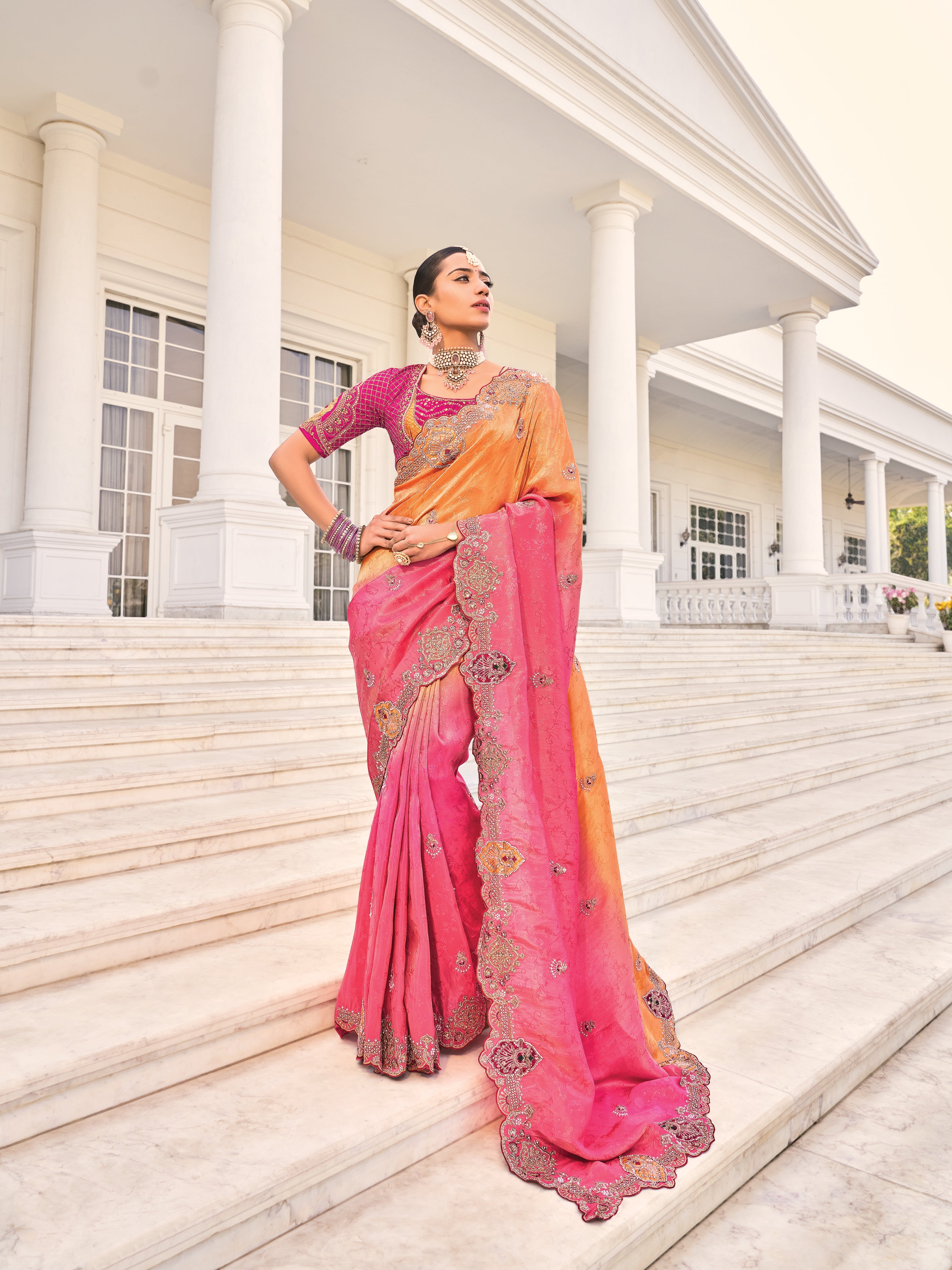 Orange & Rani Pink Natural Crape Jaquard Saree