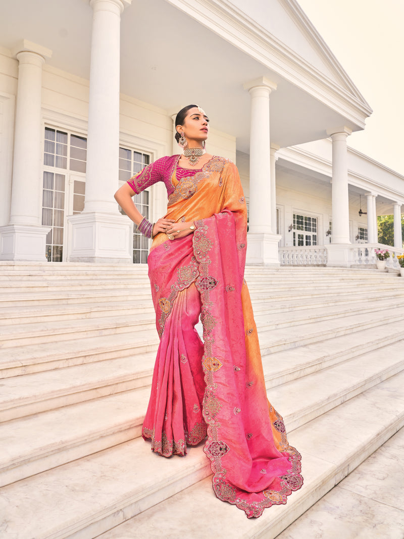 Orange & Rani Pink Natural Crape Jaquard Saree