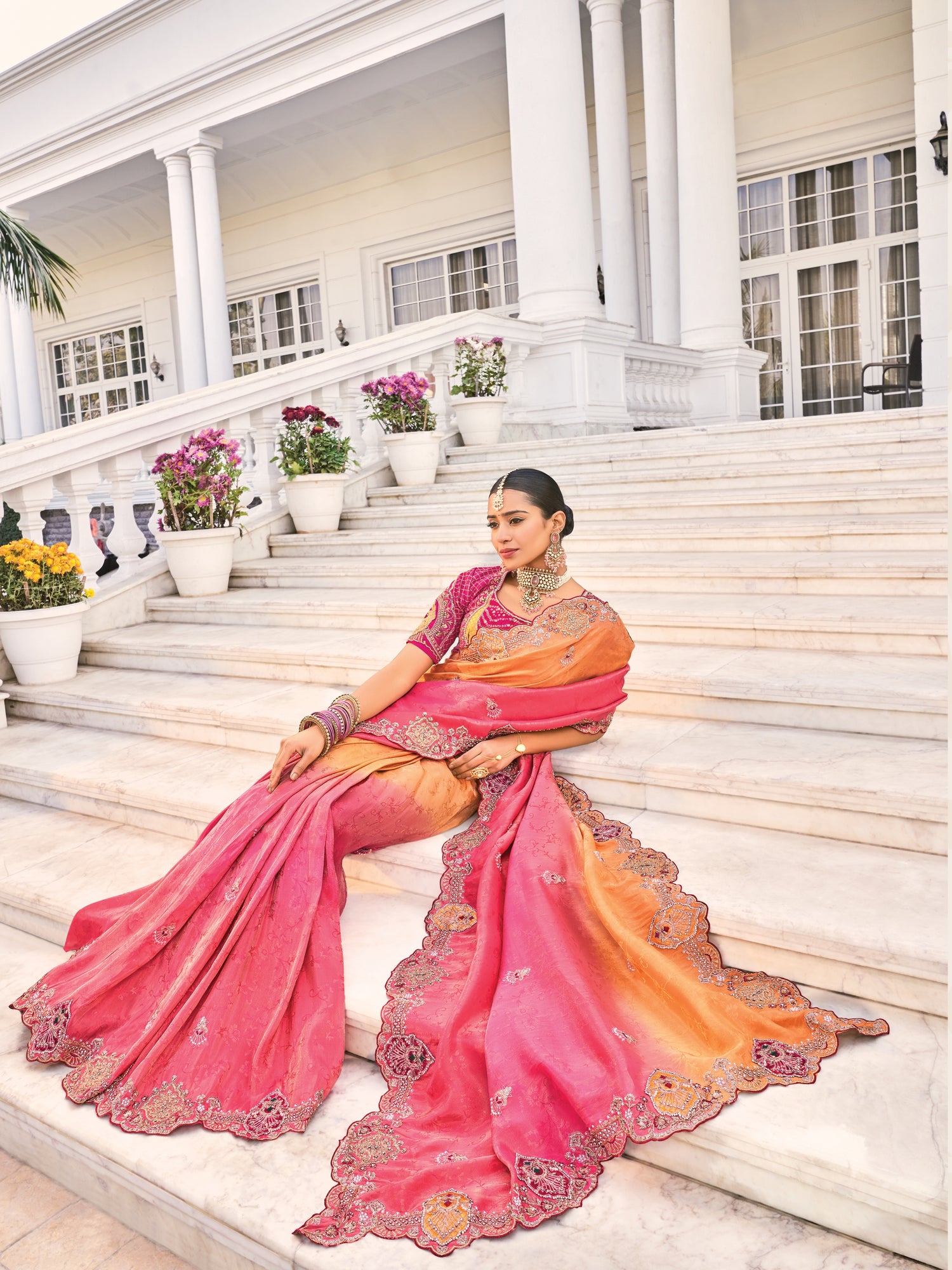 Orange &amp; Rani Pink Natural Crape Jaquard Saree