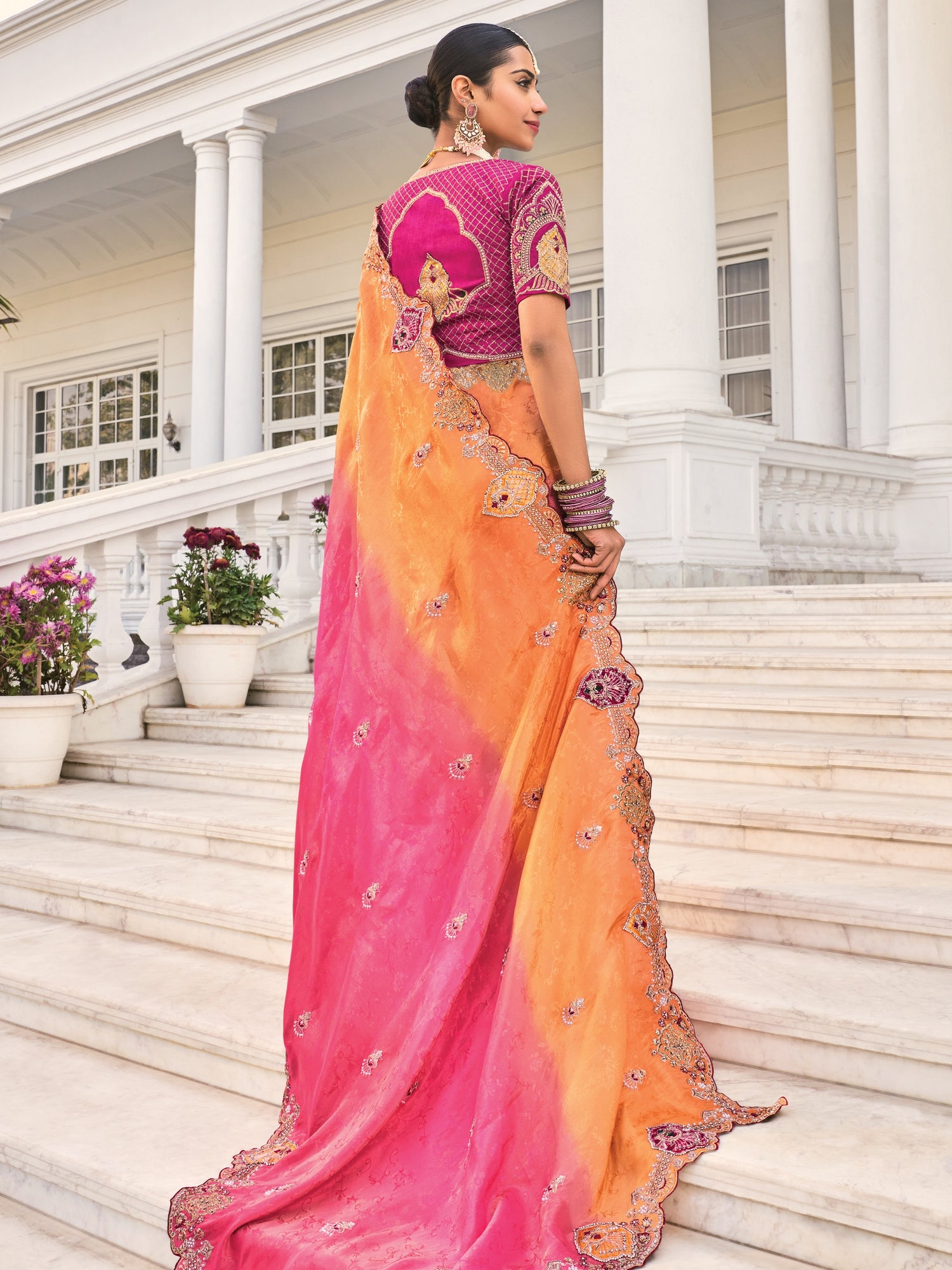 Orange &amp; Rani Pink Natural Crape Jaquard Saree