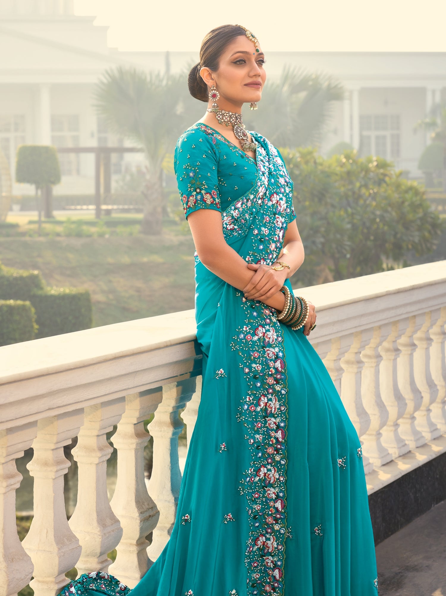 Turquoise Blue Designer Saree with Heavy Embroidery